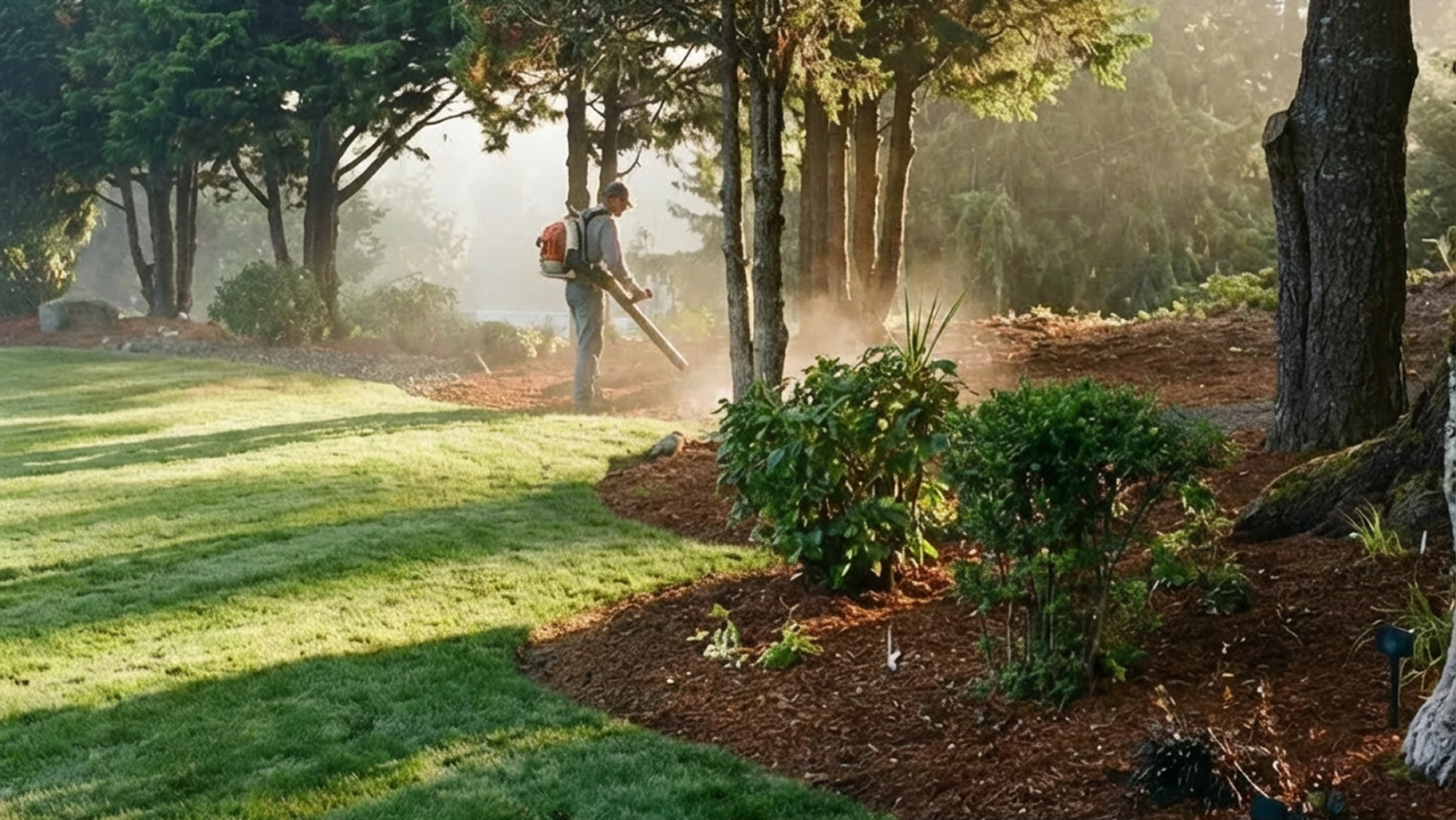 A landscaper gardening in a coastal Oregon yard, using a leaf blower to clear dust, with trees and shrubs in the background and sunlight streaming through the trees.