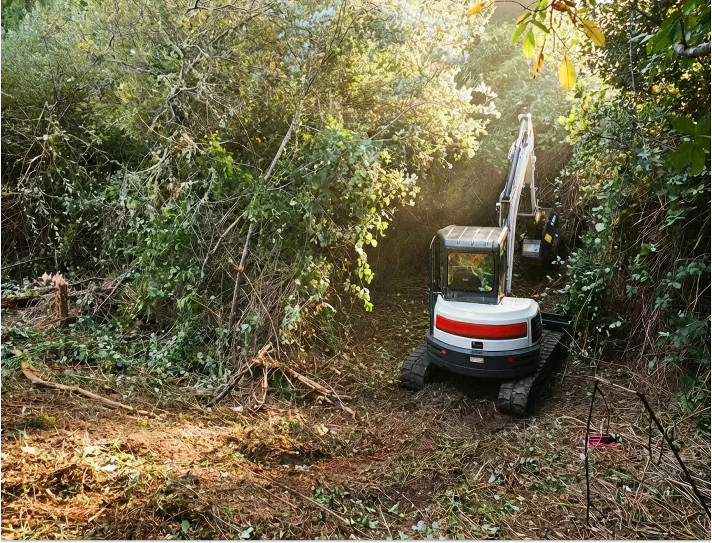 small excavator clearing overgrown brush in a wooded area with sunlight filtering through the trees in Florence, Oregon