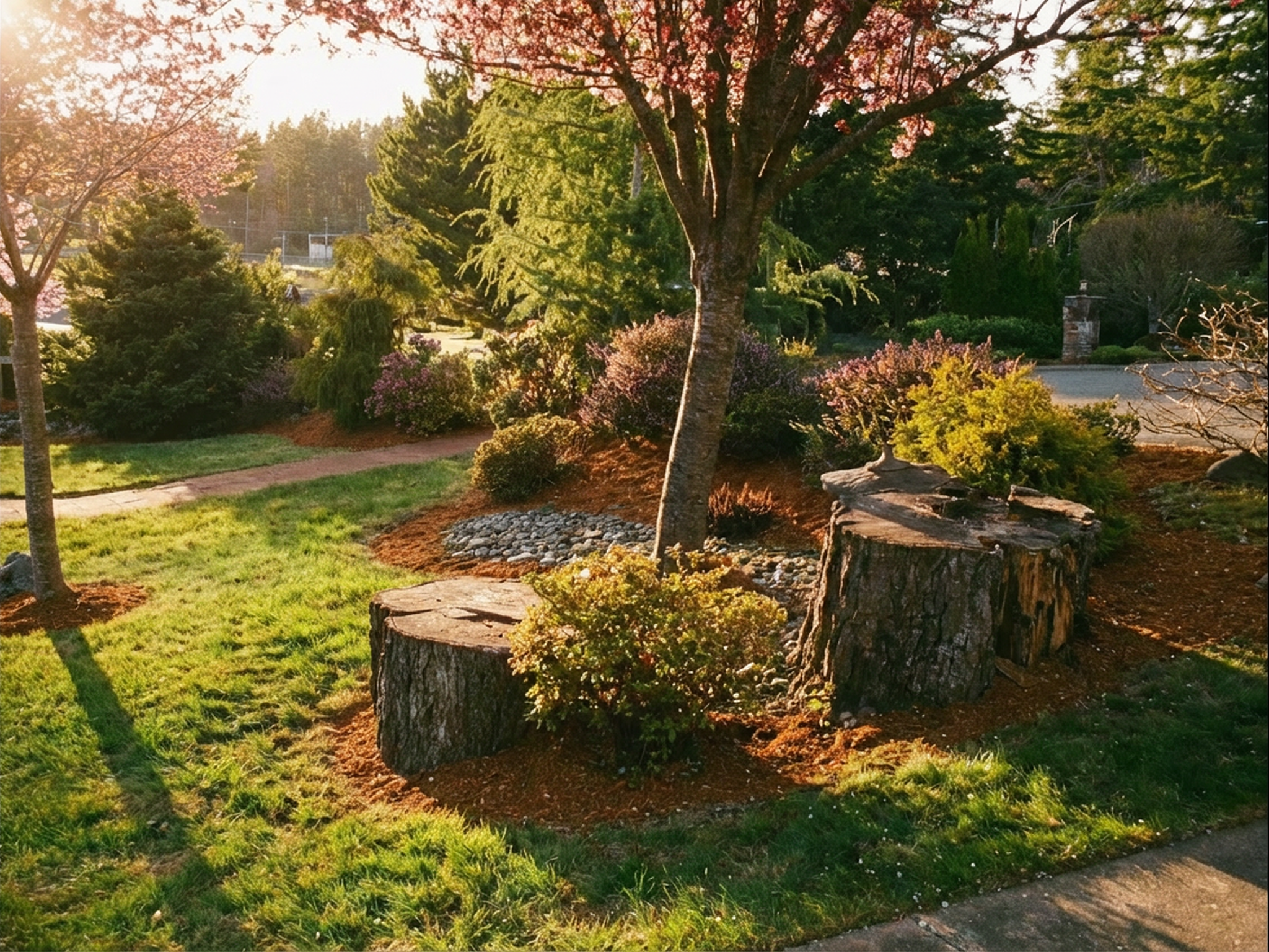 A landscaped garden with trimmed bushes, trees, and a grassy lawn in Lakeside, Oregon. There are two cut tree stumps, decorative rocks, and blooming pink and purple flowers.