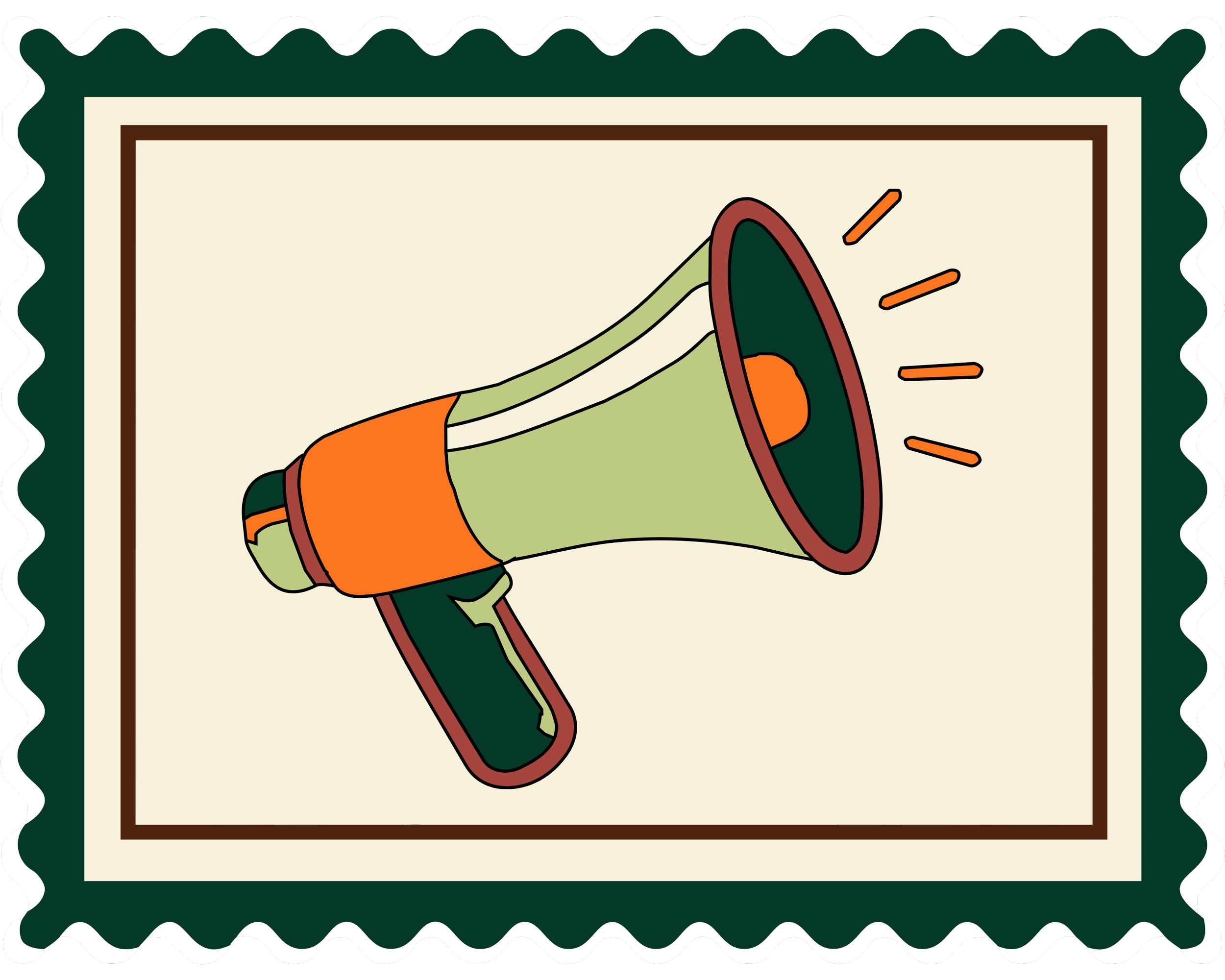 Colorful illustrated postage stamp featuring a green kayak with orange accents and a paddle, on a beige background with a dark green border.