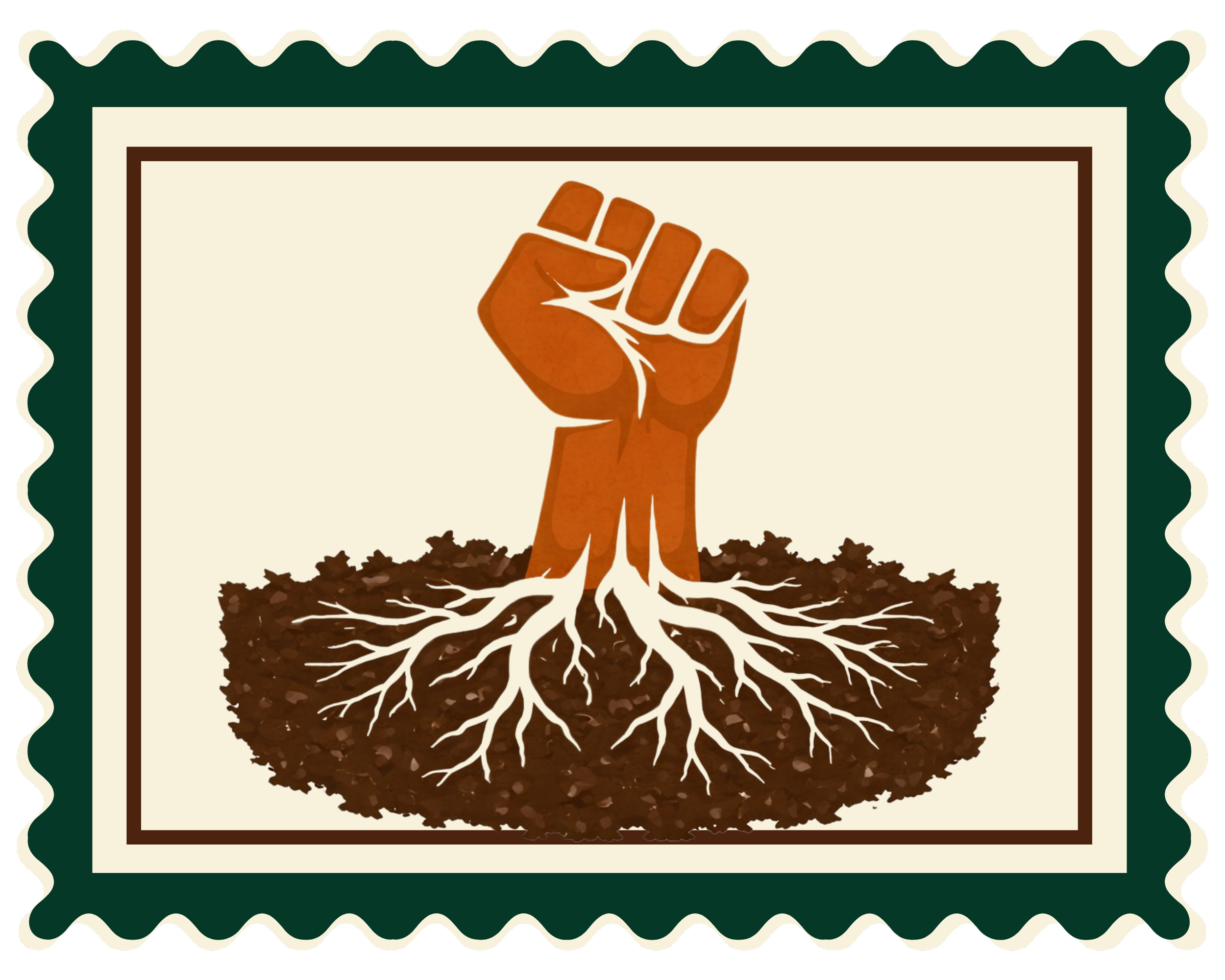 A raised fist integrated with tree roots emerging from the soil.