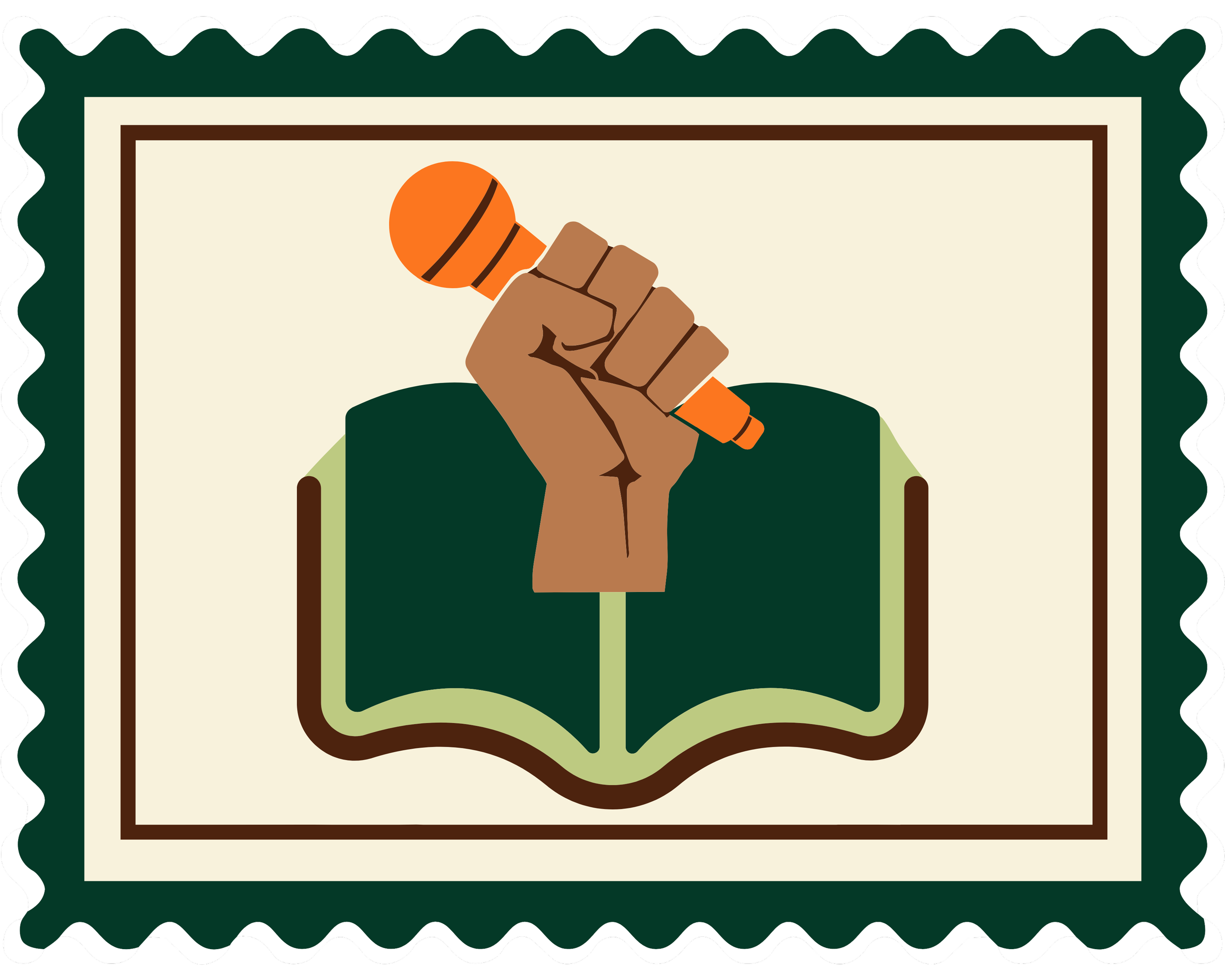 A stamp featuring a brown hand holding an orange microphone inside an open book illustration.