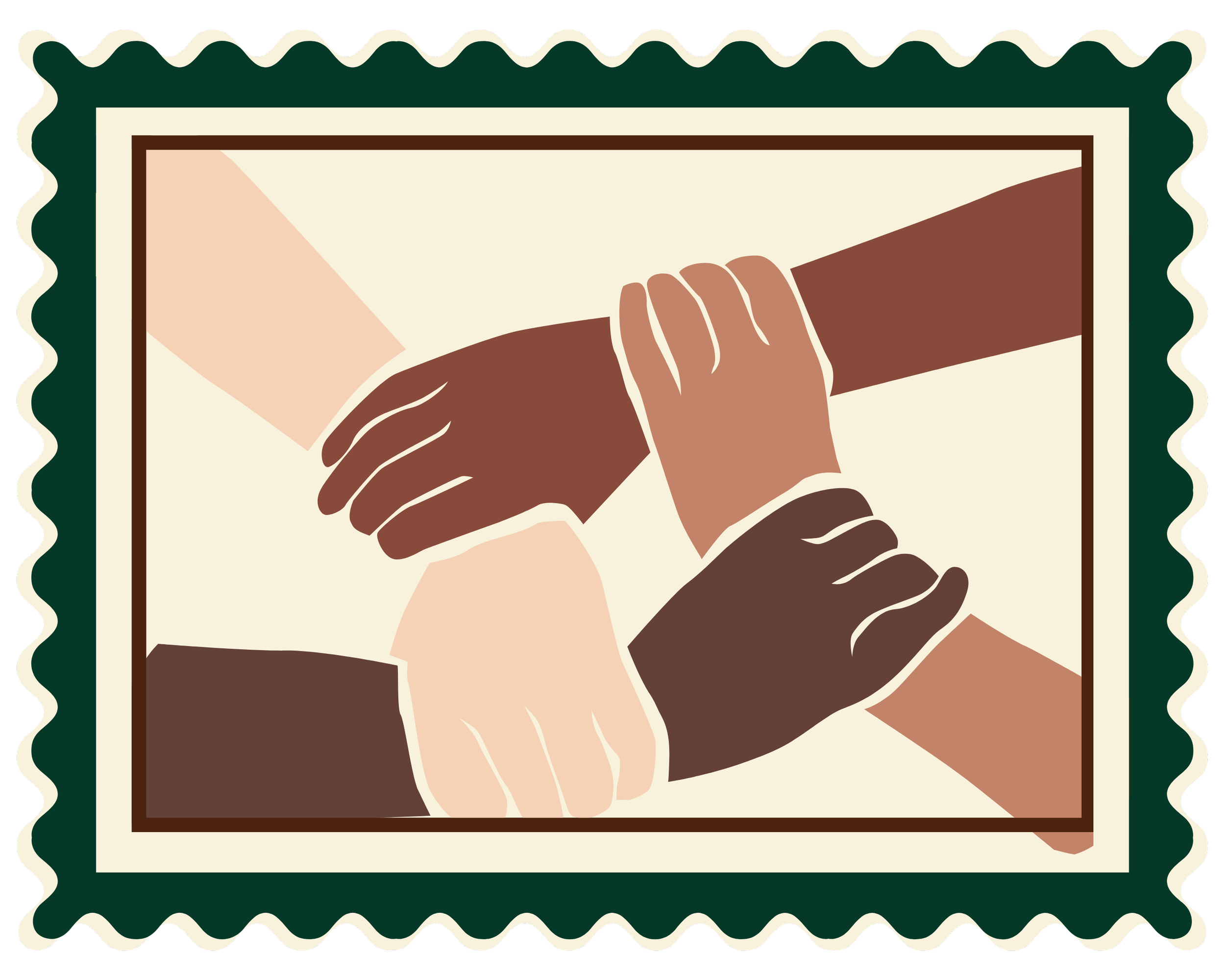 Digital illustration of four hands joining together in a gesture of unity and support, with different skin tones.