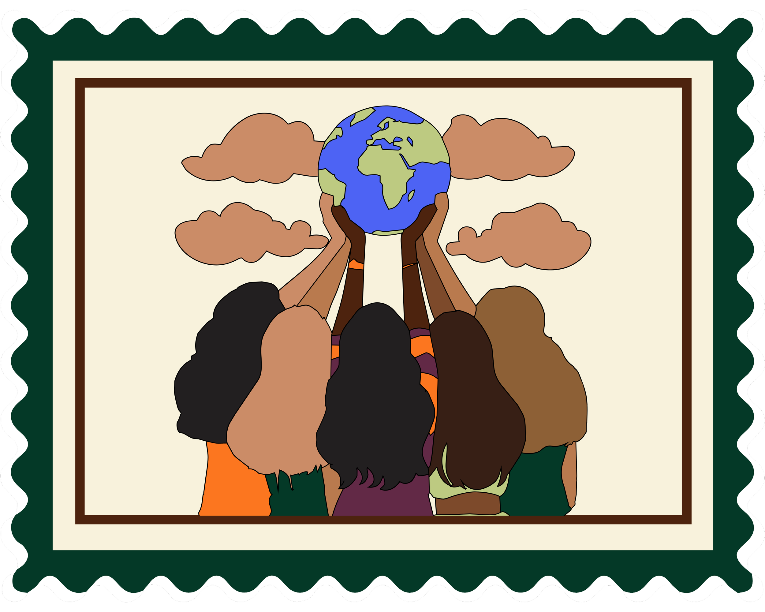 Illustration of diverse people holding the Earth with clouds in the background, inside a stylized postage stamp border.