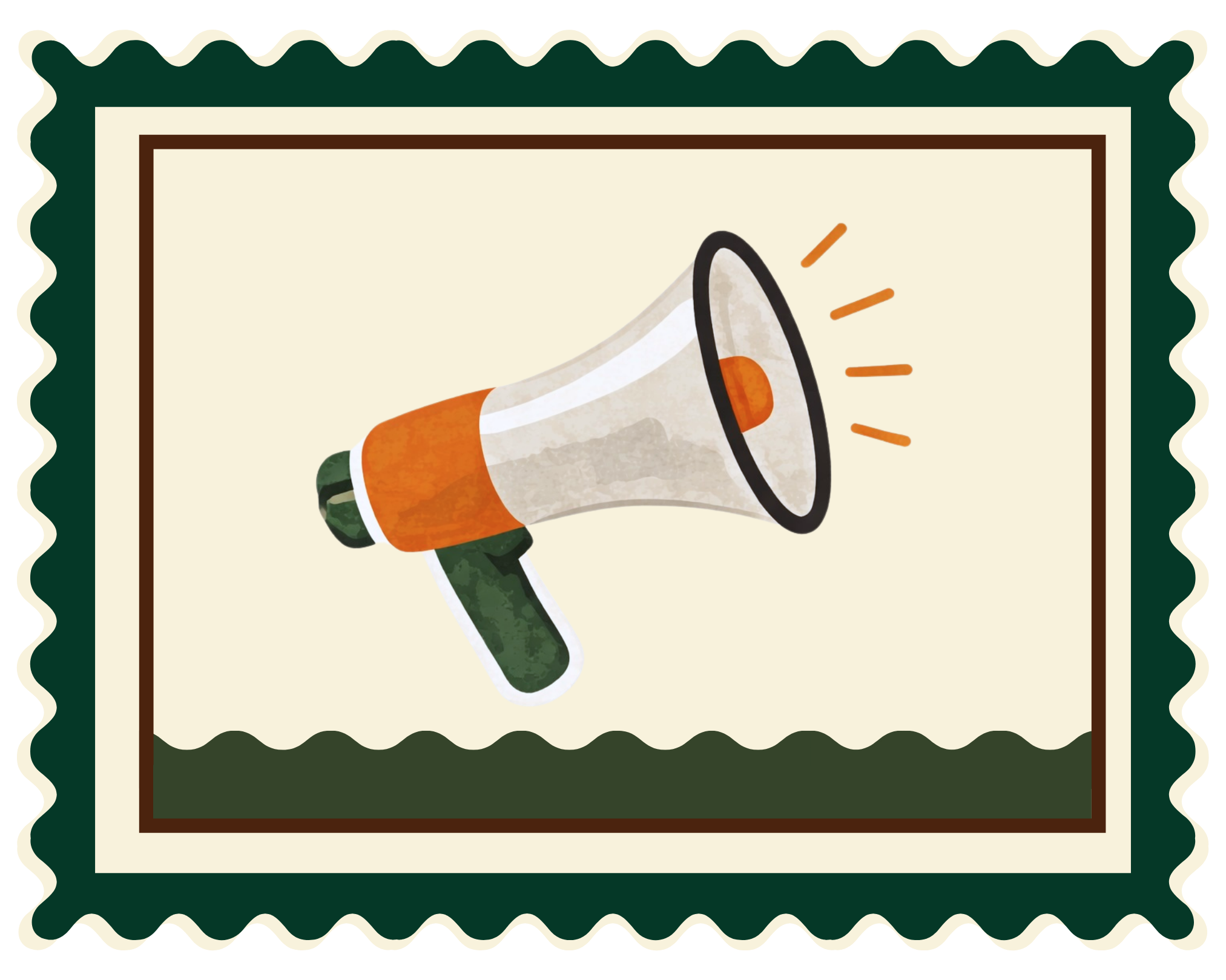 A digital illustration of a megaphone with orange, white, and green colors, emitting sound waves, set against a postage stamp-style border.