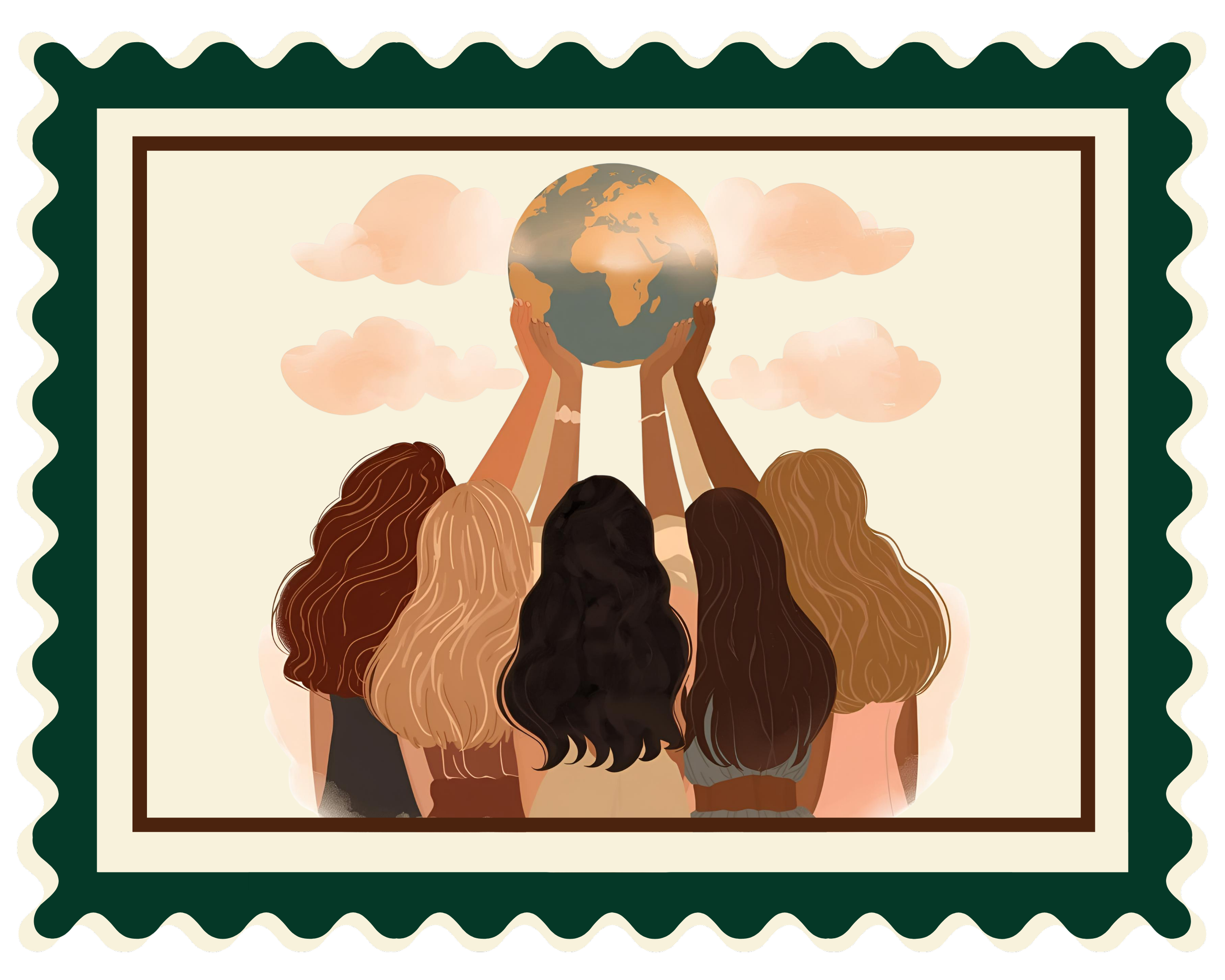 Illustration of five women with different hair colors holding up a globe representing Earth, surrounded by clouds, in a stylized artistic style.