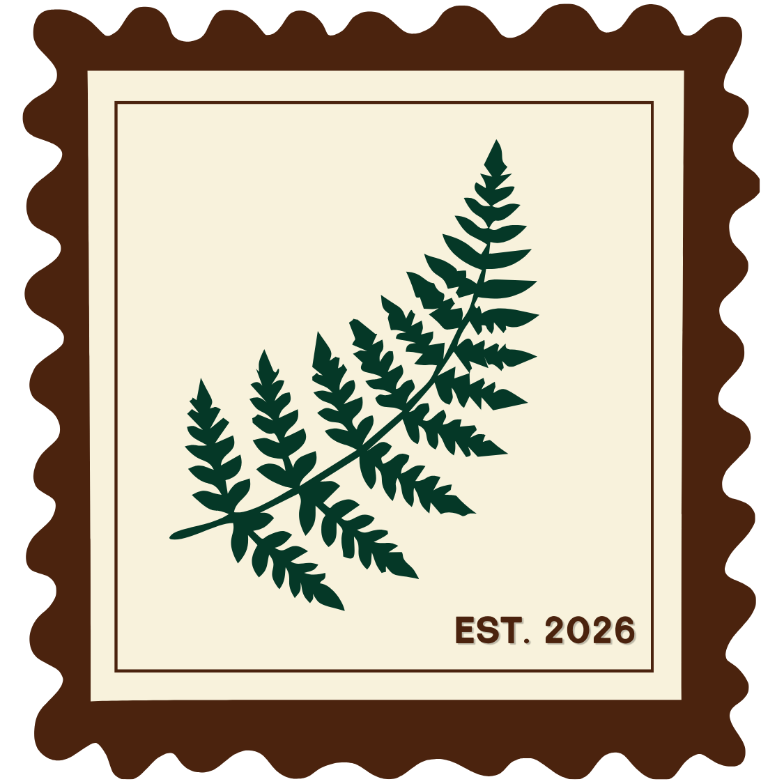 A graphic of a fern leaf on a beige background with the text 'EST. 2026' in the bottom right corner.