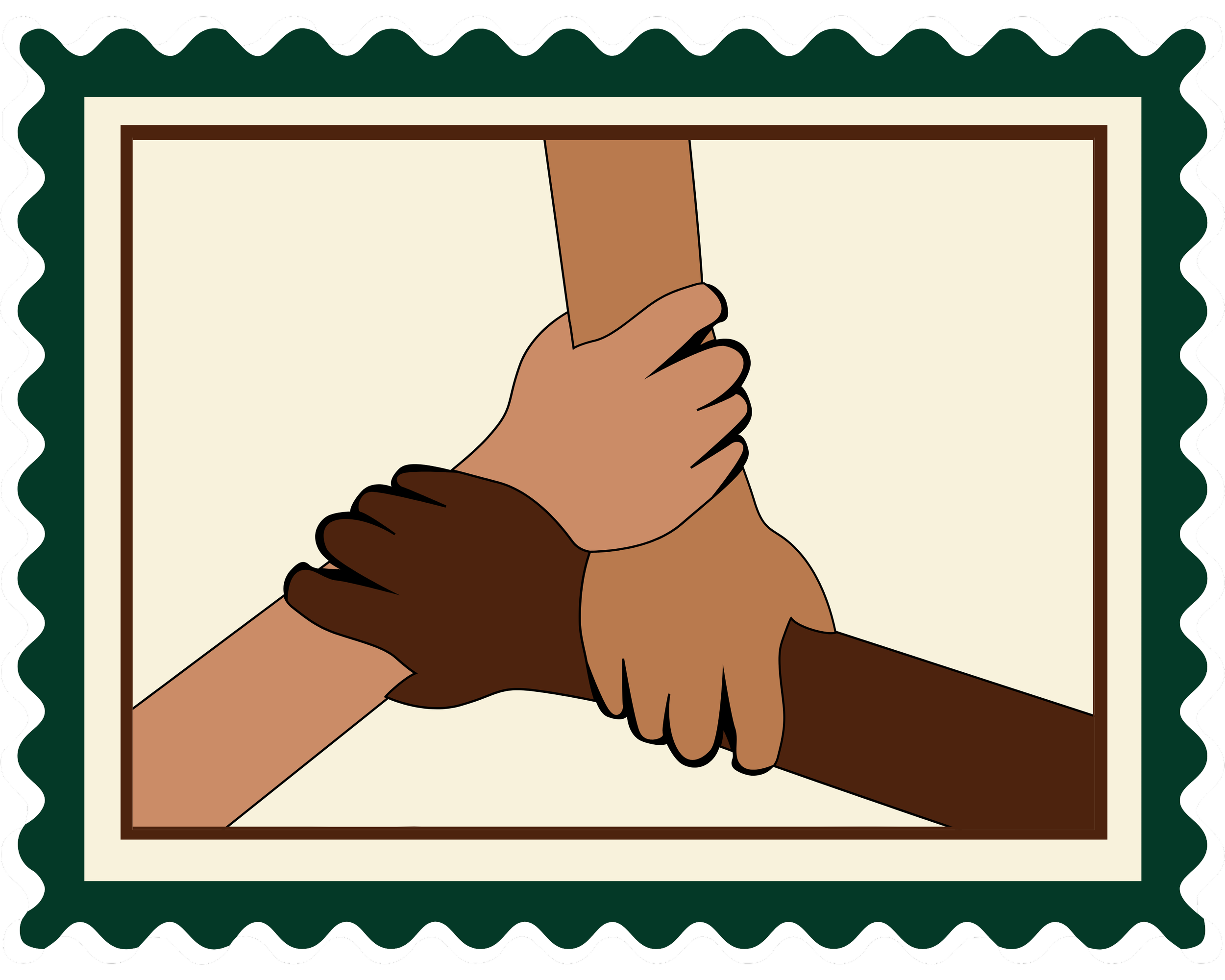 An illustrated printed postage stamp featuring two hands shaking in a handshake.