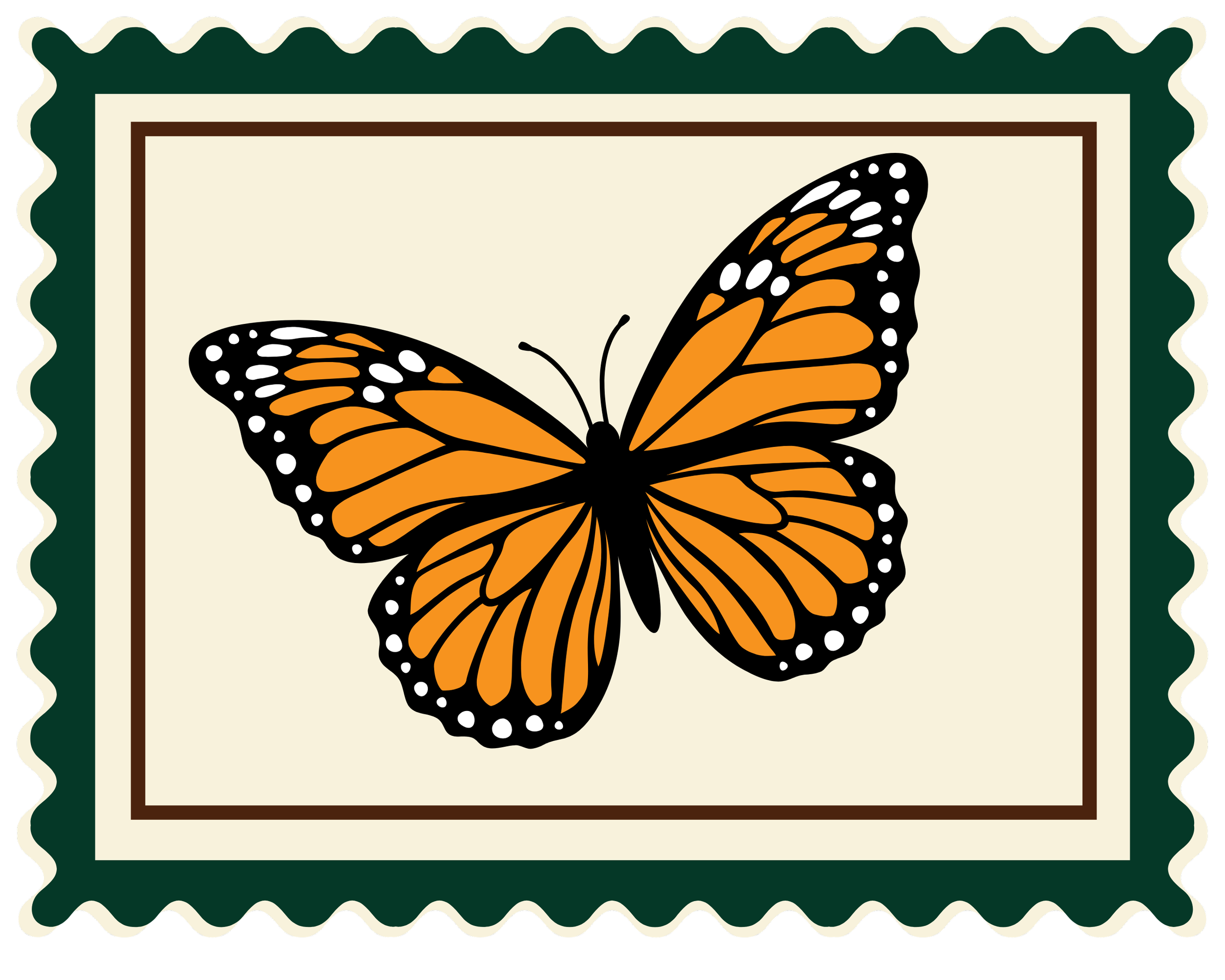 A postage stamp featuring a Monarch butterfly with orange and black wings.