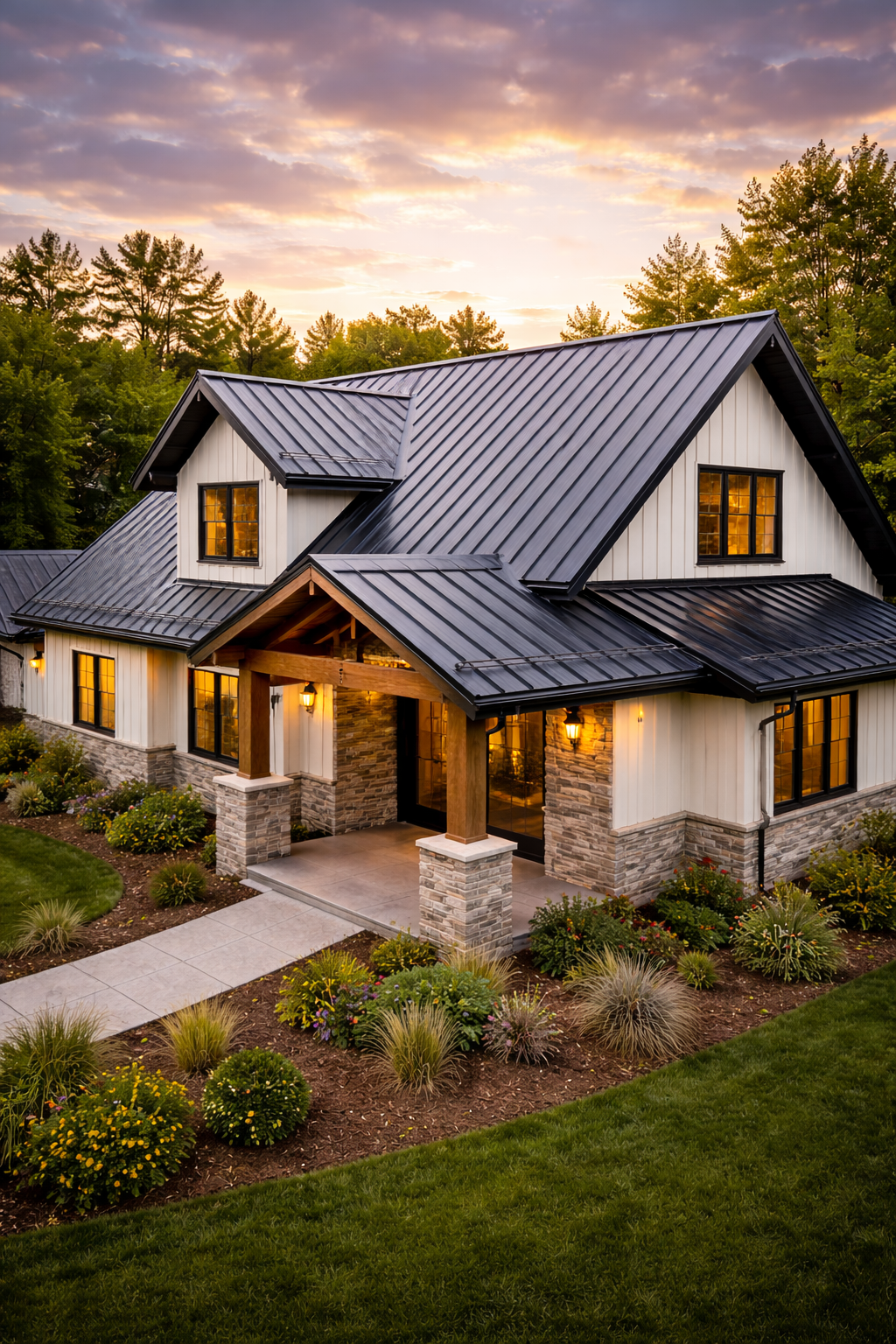 A two-story modern house with white siding, black metal roof, and stone accents, illuminated by outdoor lights at sunset, surrounded by landscaped garden and lush trees.