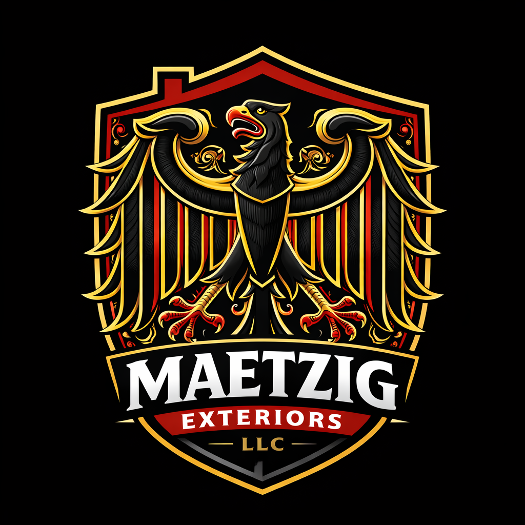 A logo for Maetzig Exteriors LLC featuring a stylized black and gold eagle with outstretched wings, standing on a shield background with red and gold accents.
