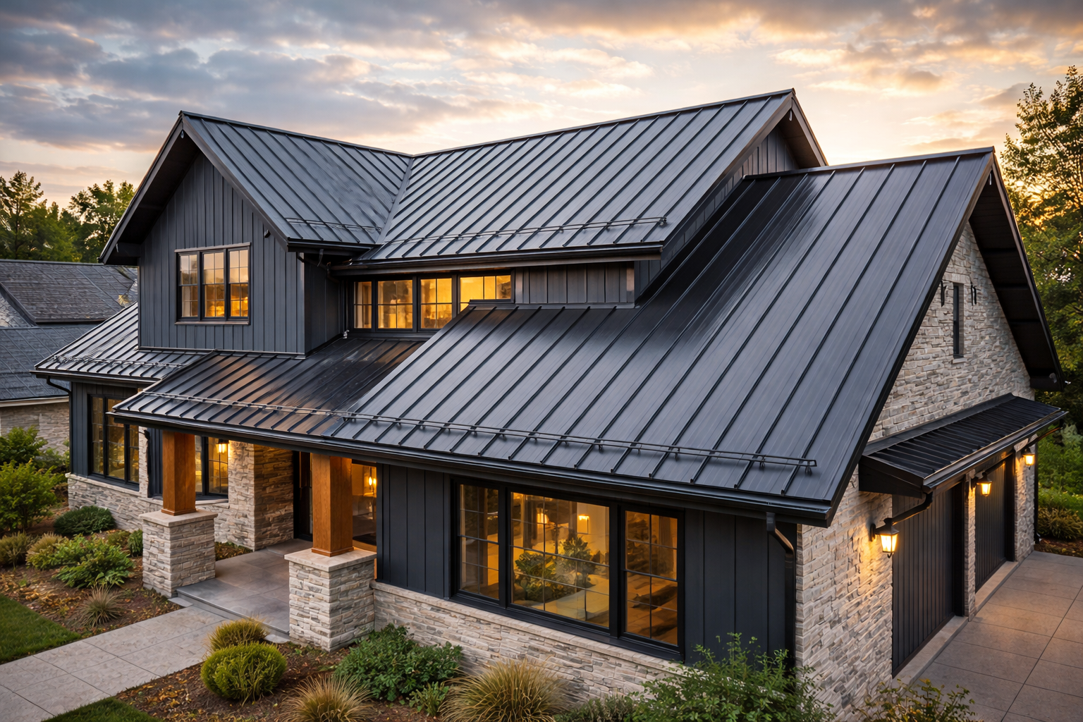 Modern house with dark metal roof, stone and wood exterior, large windows, surrounded by landscaped garden at sunset.