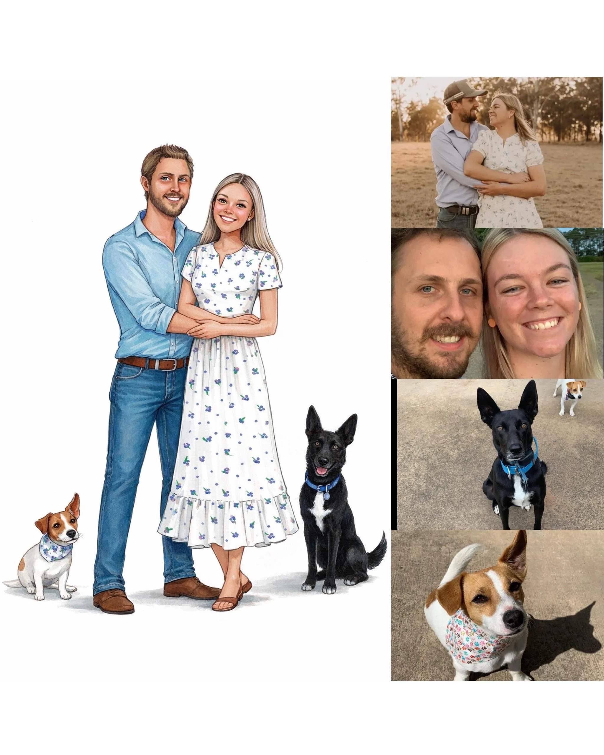 Illustration of a smiling couple with two dogs, one small and one medium-sized, all wearing matching bandanas, alongside three photos of the same couple with the dogs outdoors.