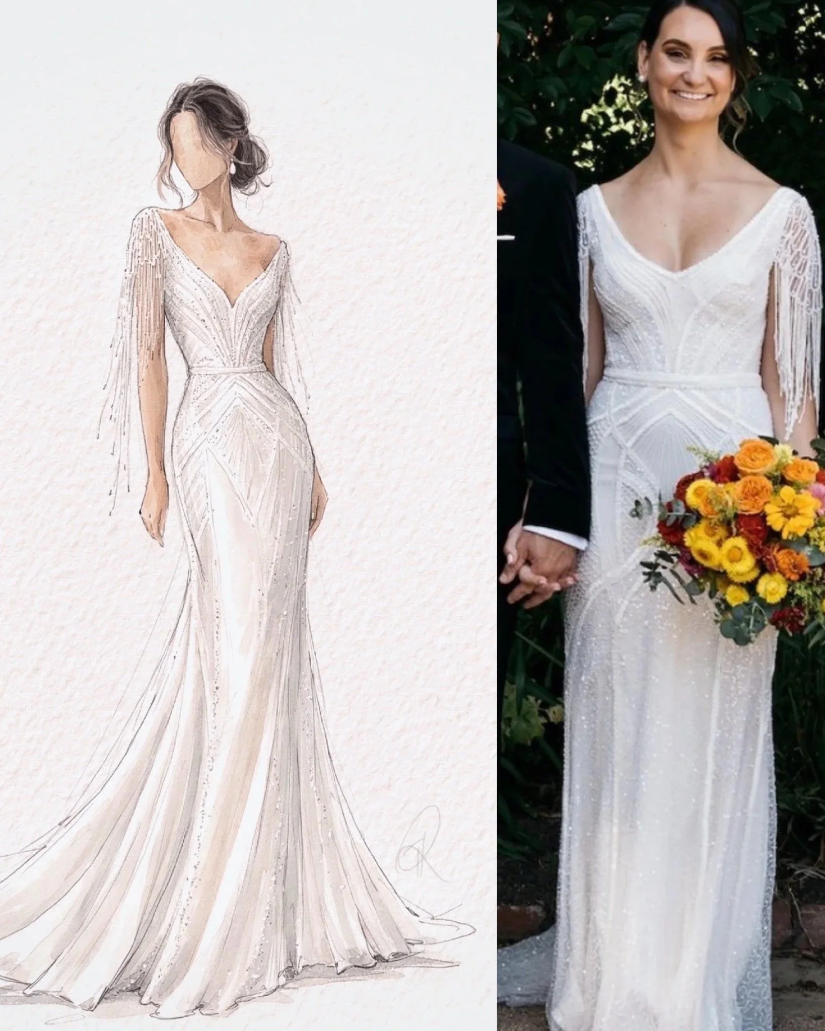 Comparison of the custom Bridal illustration in watercolour and ink and the reference photograph 