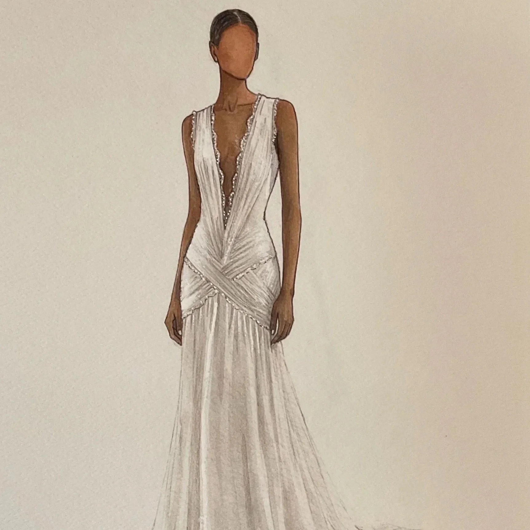 Illustration of a woman in a white, sleeveless, plunging dress with intricate design details.