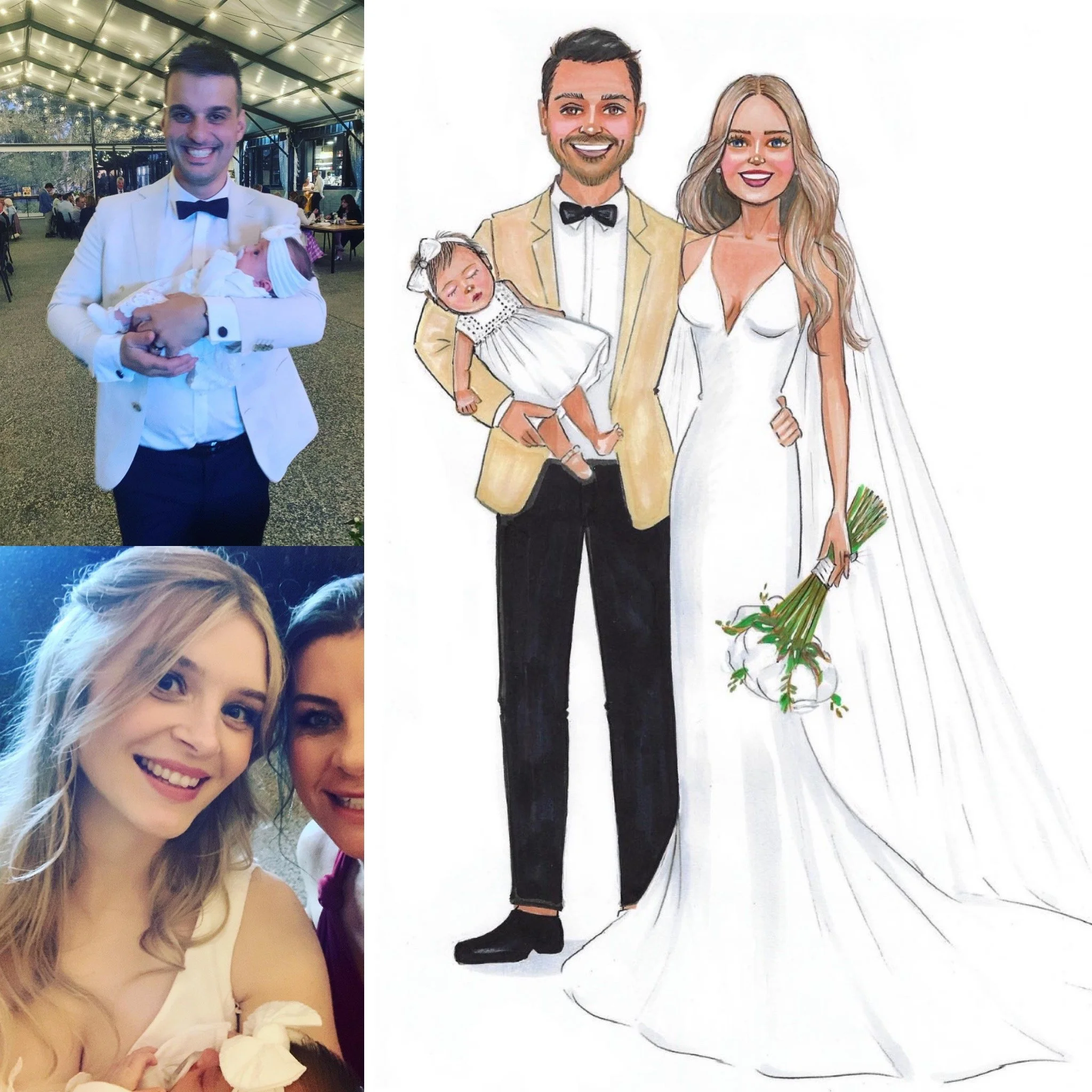 A collage of three images: the top left shows a man in a white tuxedo holding a newborn baby at a decorated event; the bottom left shows a young woman smiling with an infant; the right side features a hand-drawn illustration of a couple in wedding attire, with the man in a tan tuxedo holding a baby and the woman in a white wedding dress holding a bouquet.