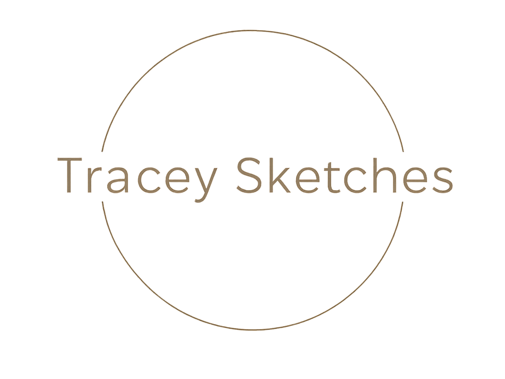 Logo for Tracey Sketches with black background, beige text, and a circular line.