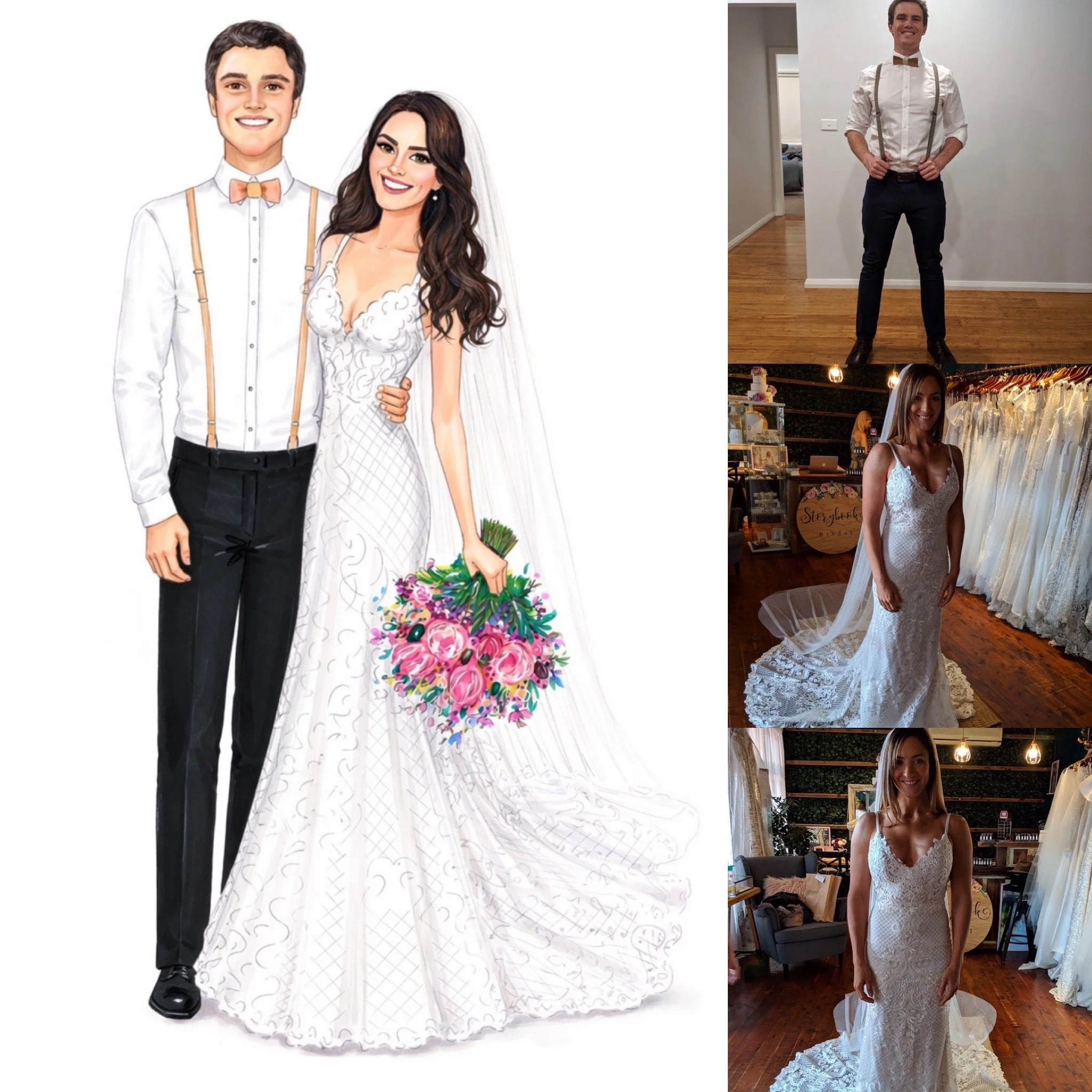 A collage of four images: a cartoon illustration of a bride and groom, a man in wedding attire, and a woman in a wedding dress from different angles. The illustrated couple features a bride with long dark hair in a white wedding gown holding a bouquet and an illustrated groom with dark hair in a white shirt, bow tie, suspenders, and black pants.