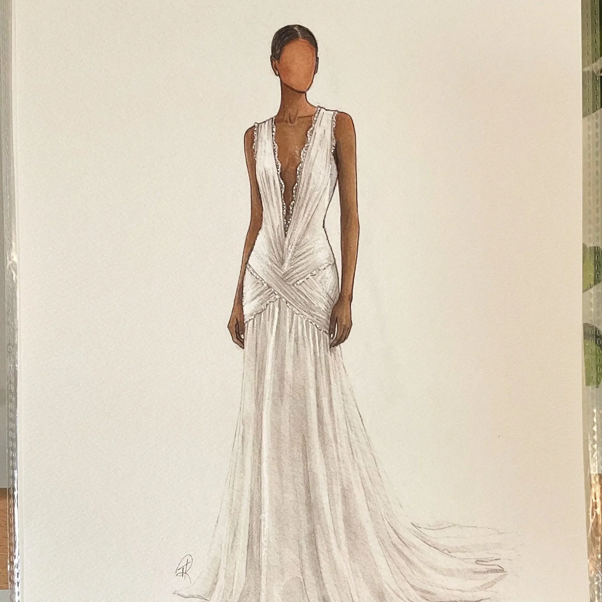 Fashion illustration of a woman in a white, floor-length gown with a deep V neckline and lace details.