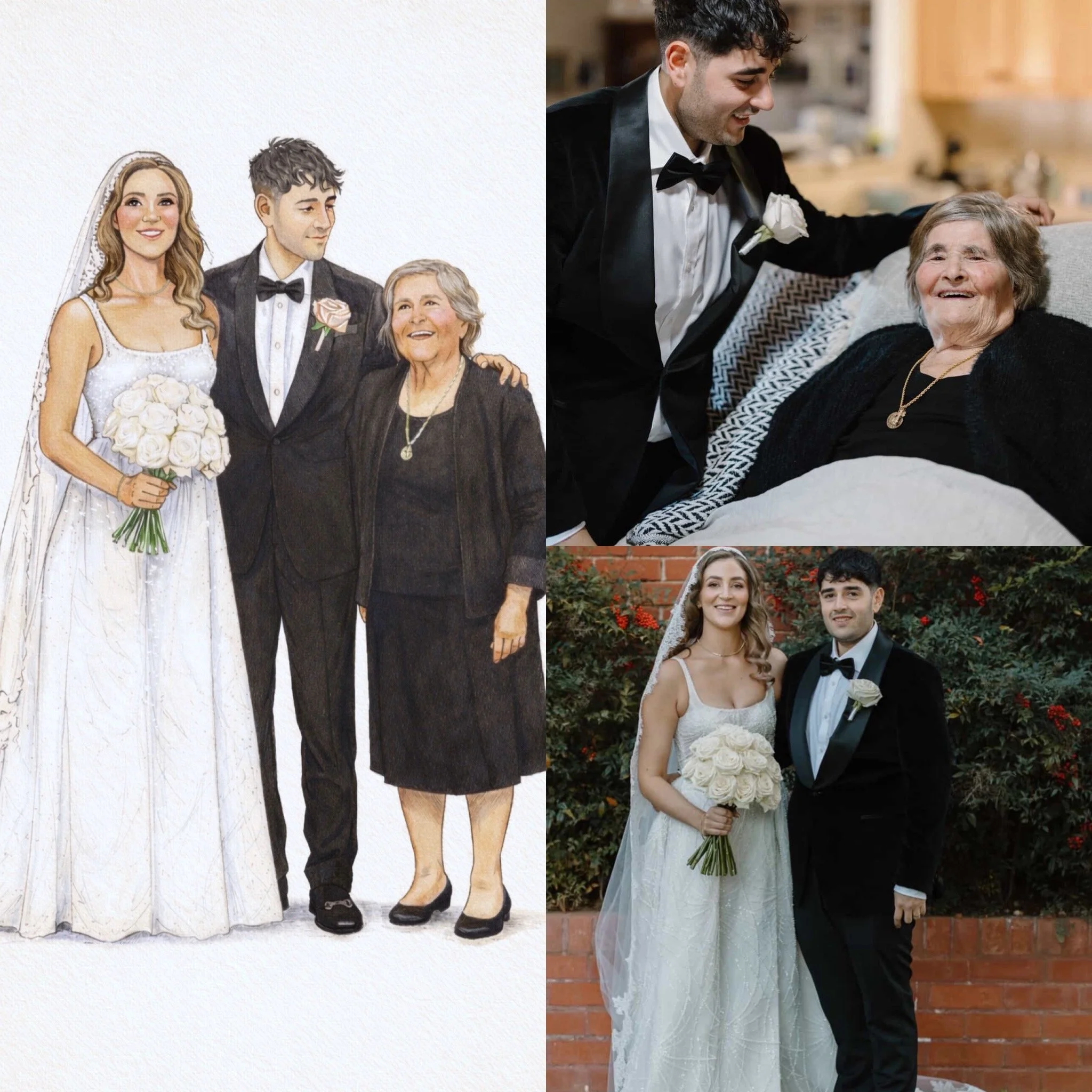 A wedding photo with a drawing of a bride, groom, and an elderly woman, two photos of a man in a tuxedo with a woman in a black dress in a hospital bed and outdoors with a bride in a white dress and a groom in a tuxedo holding a bouquet.