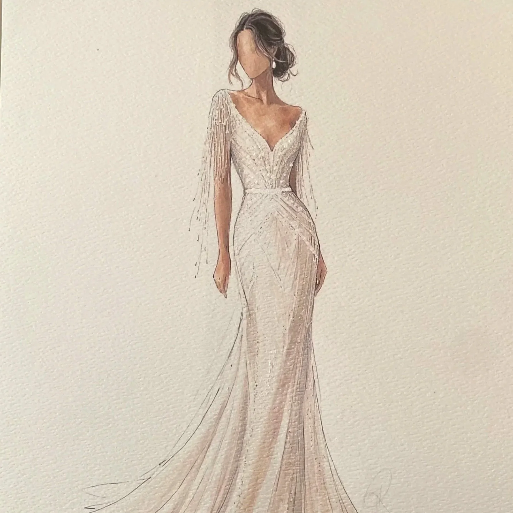 A fashion illustration of a woman wearing a long, elegant dress with a fitted bodice, V-neckline, and cape-style sleeves made of feathers or fringe. She has wavy hair styled up and is accessorized with earrings.