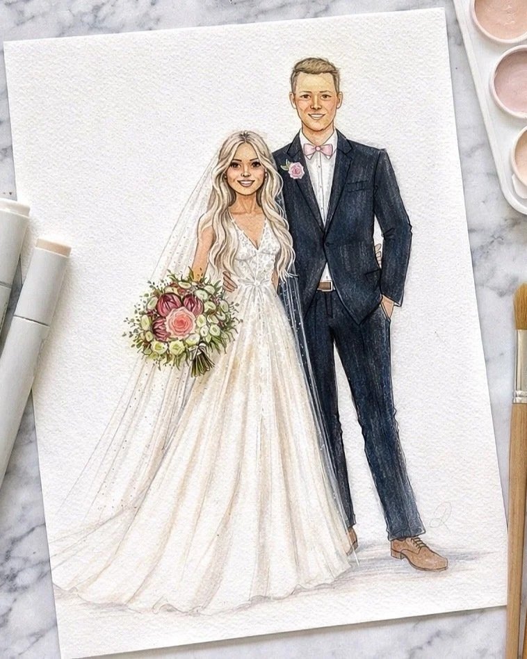 A watercolor painting of a bride and groom standing together in wedding attire. The bride is holding a bouquet of pink and white flowers, wearing a long white wedding gown and veil. The groom is dressed in a dark suit with a pink bow tie and is standing with one hand in his pocket.