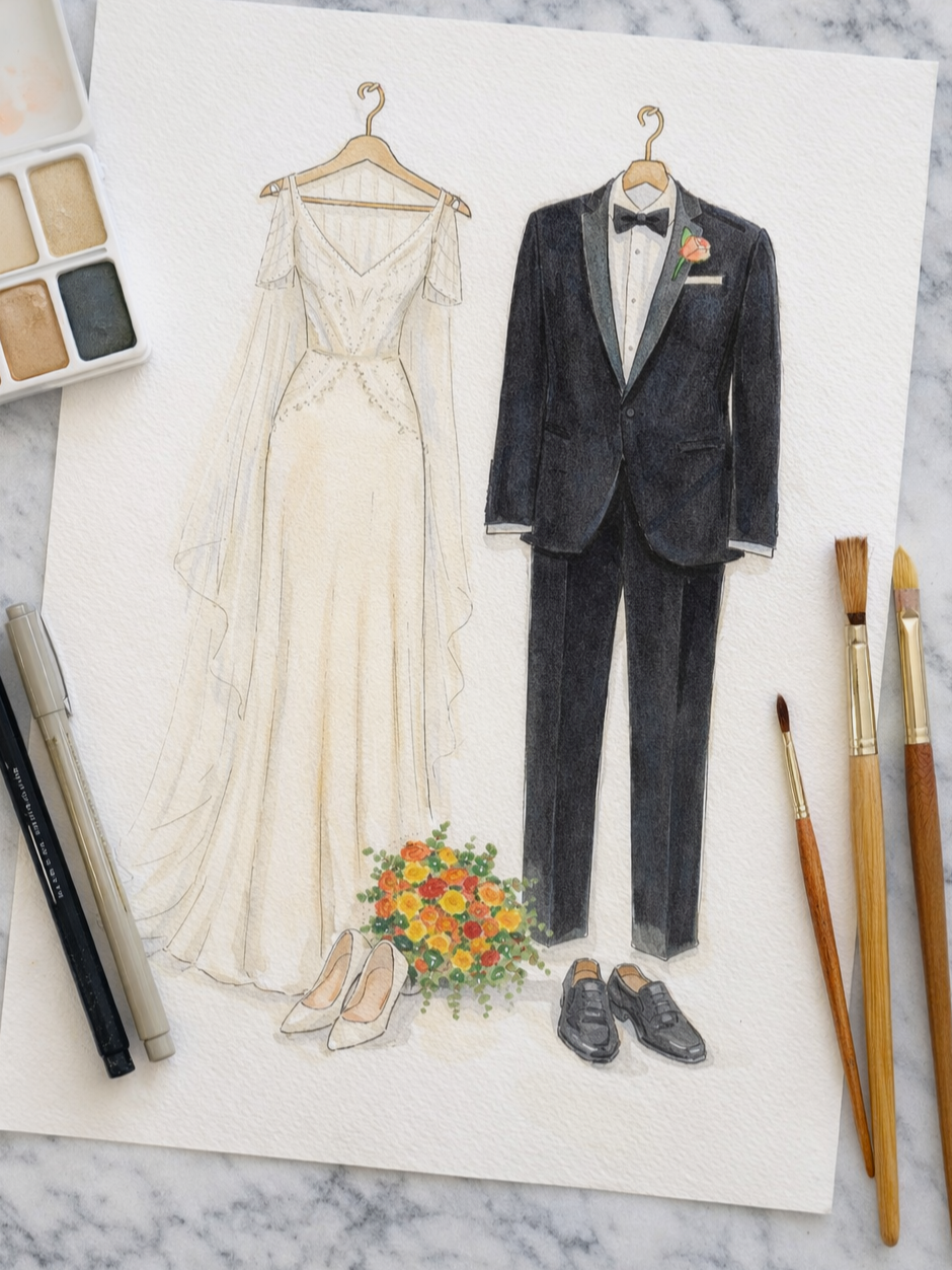 Watercolor painting of a wedding dress, tuxedo, bouquet, shoes, and paints with brushes on a marble surface.