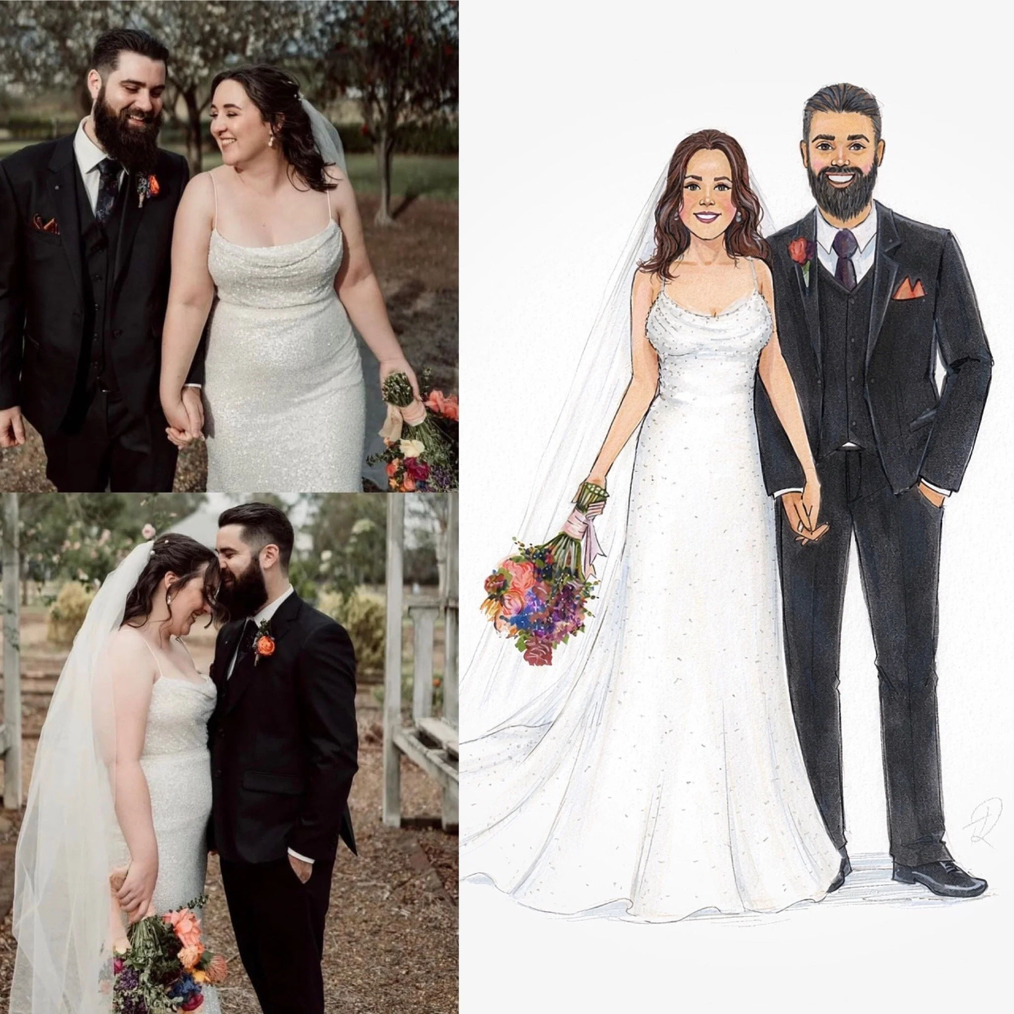 A collage of wedding photos showing a bride and groom. The top left photo captures them walking hand-in-hand outdoors, smiling at each other. The bottom left photo features them standing close, forehead to forehead, in a garden setting, both smiling. The right side shows an illustrated sketch of the couple in wedding attire, holding hands, with the bride holding a colorful bouquet.