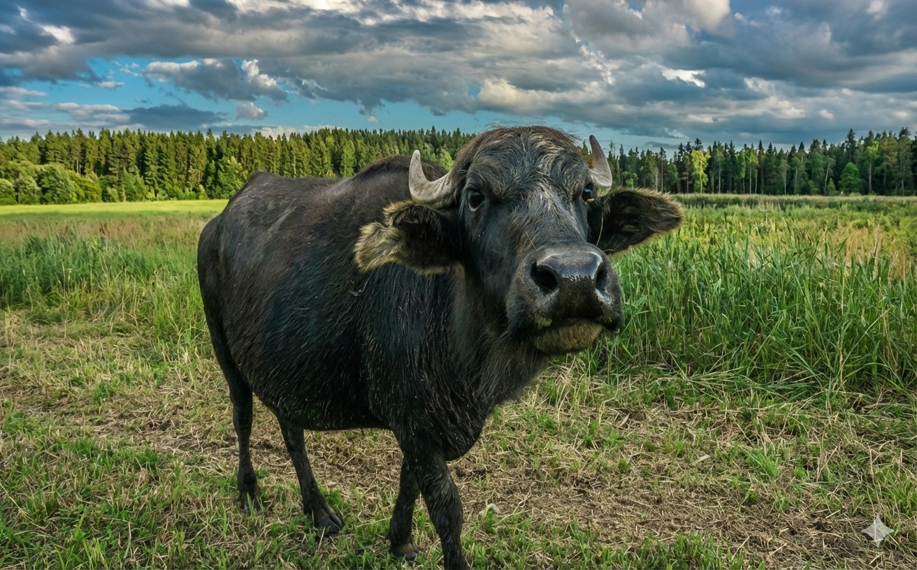A black buffalo standing in a grassy field with a forest and cloudy sky in the background.
