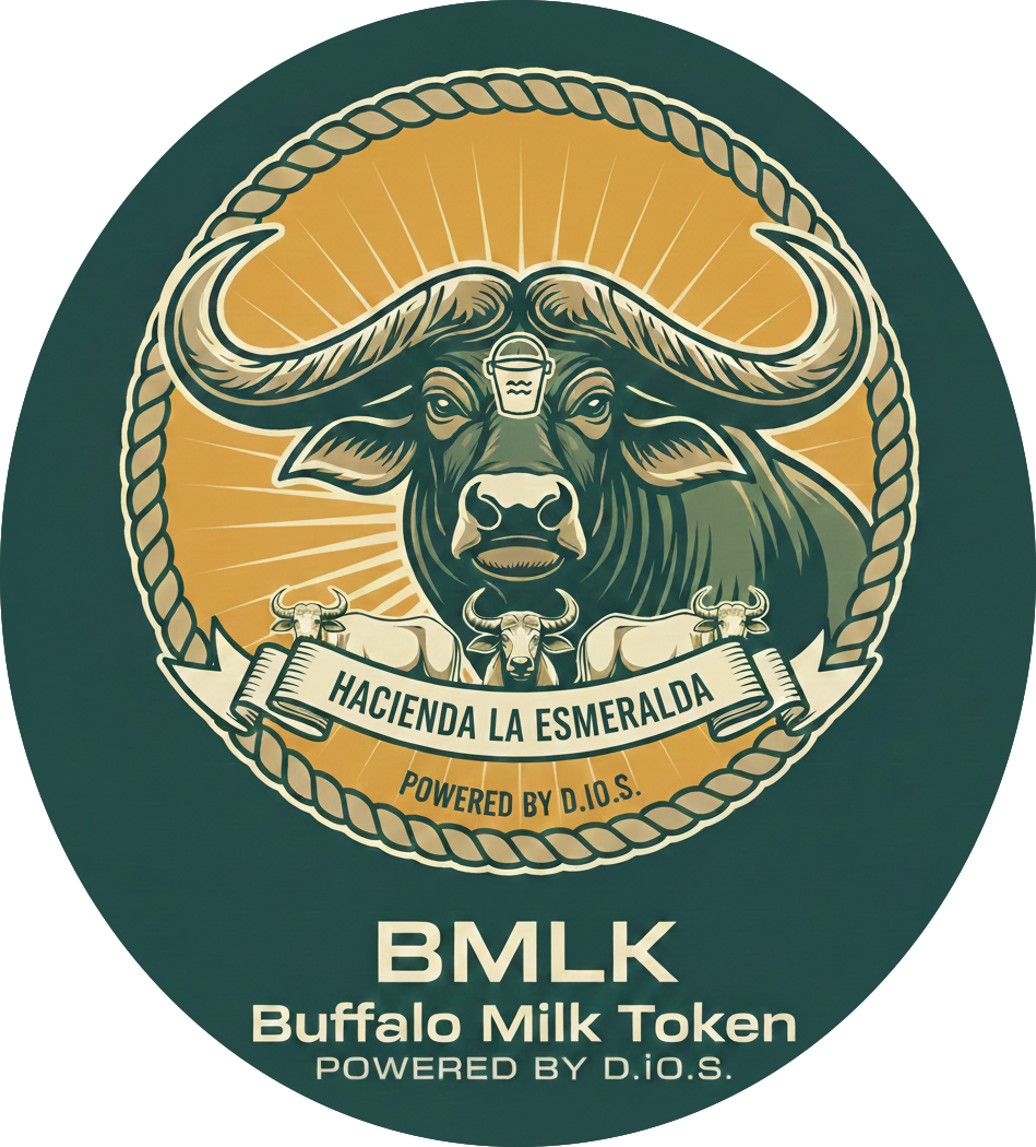 Logo featuring a bull with large horns and a small bucket on its forehead, surrounded by a rope circle, with smaller bulls below, and text 'Hacienda La Esmeralda' and 'Buffalo Milk Token'.
