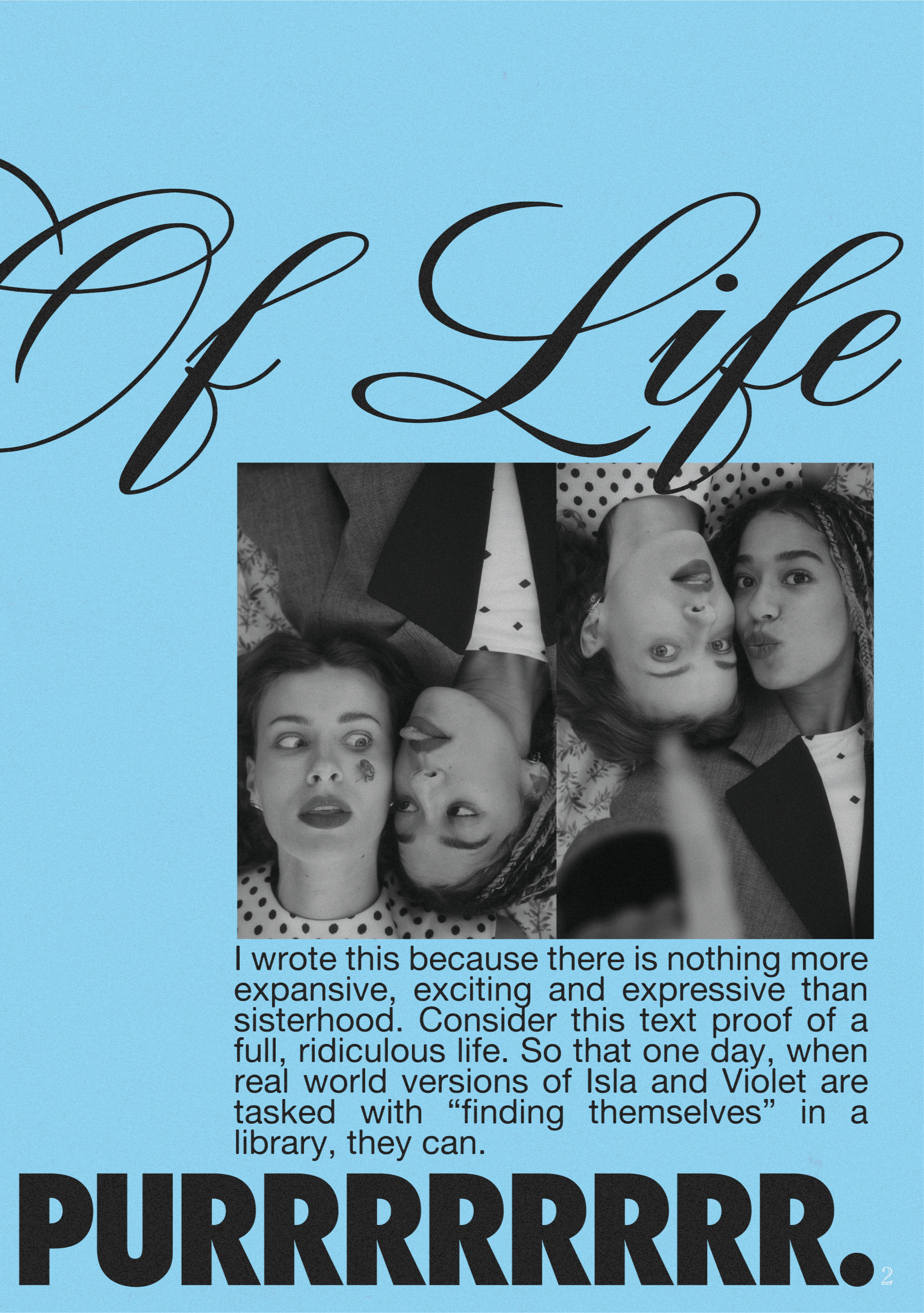 A collage featuring a black and white phrase 'PurrPurrPurr' in large bold letters and a black-and-white photograph of three women lying on the floor. One woman appears to be licking her lips, while the others look at the camera with playful expressio