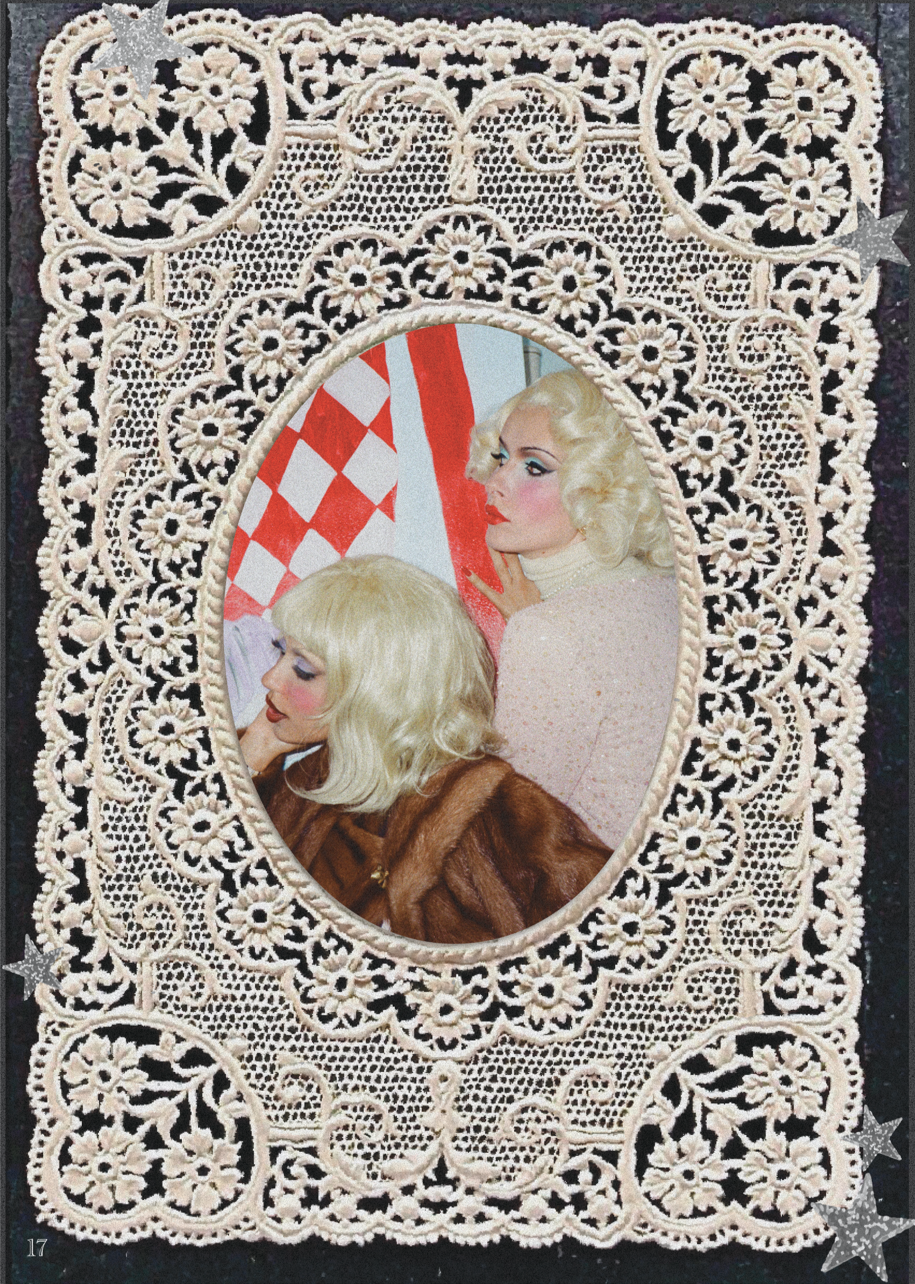 A decorative doily with an oval cutout in the center displaying a vintage photograph of two women with blonde hair, one with curly hair and the other with straight hair, wearing 1950s fashion, in front of a red and white checkered backdrop, placed on