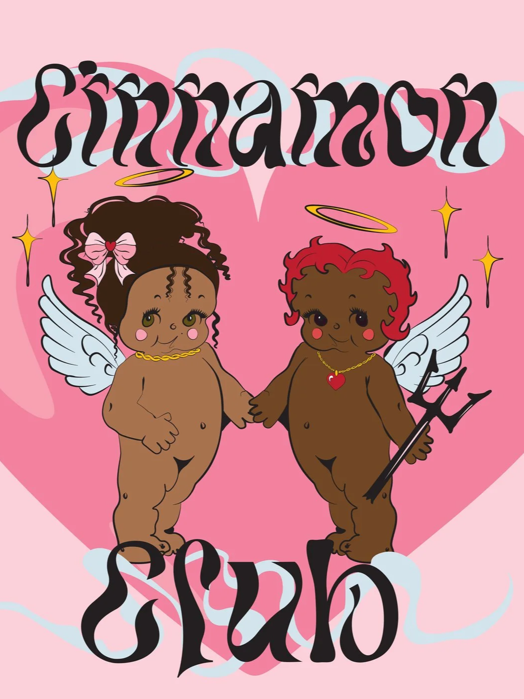 Two cartoon cherubs with dark skin, wings, and halos holding hands against a pink background with a heart shape. One cherub has brown curly hair with a pink bow, a gold necklace, and a pink blush. The other has red curly hair, a red heart necklace, and is holding a small trident. The words 'affirmation squad' are written in a decorative font above and below them.