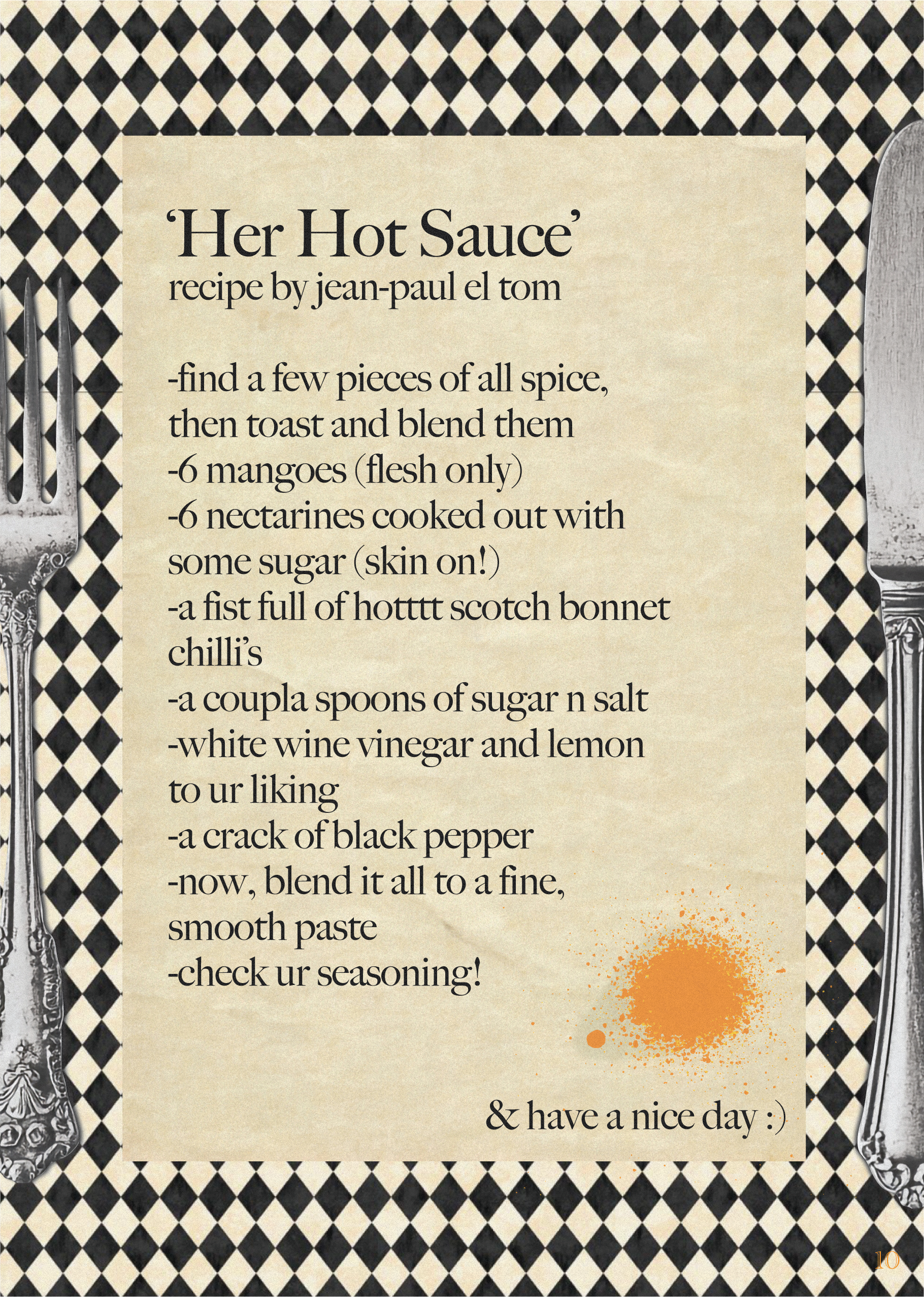 A handwritten recipe for hot sauce on a beige paper, decorated with a black and white diamond patterned border and ornate silver guitar-shaped handles on each side. The recipe includes ingredients like mangos, nectarines, sugar, vinegar, lemon, black
