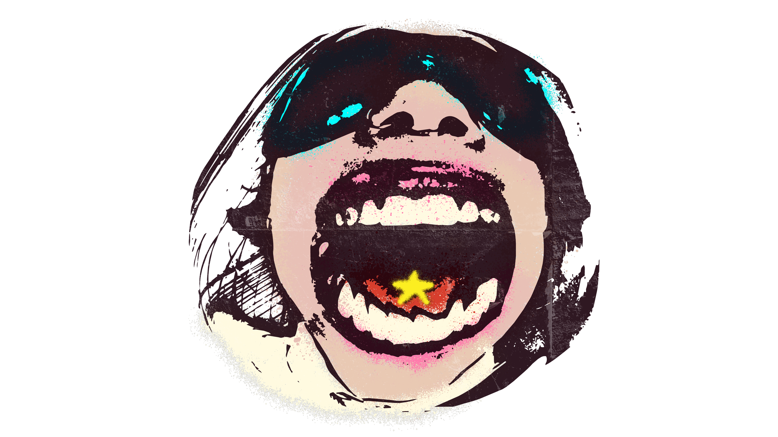 An artistic, stylized portrait of a person wearing sunglasses and shouting with a wide-open mouth, with a yellow star on the tongue, against a black background.