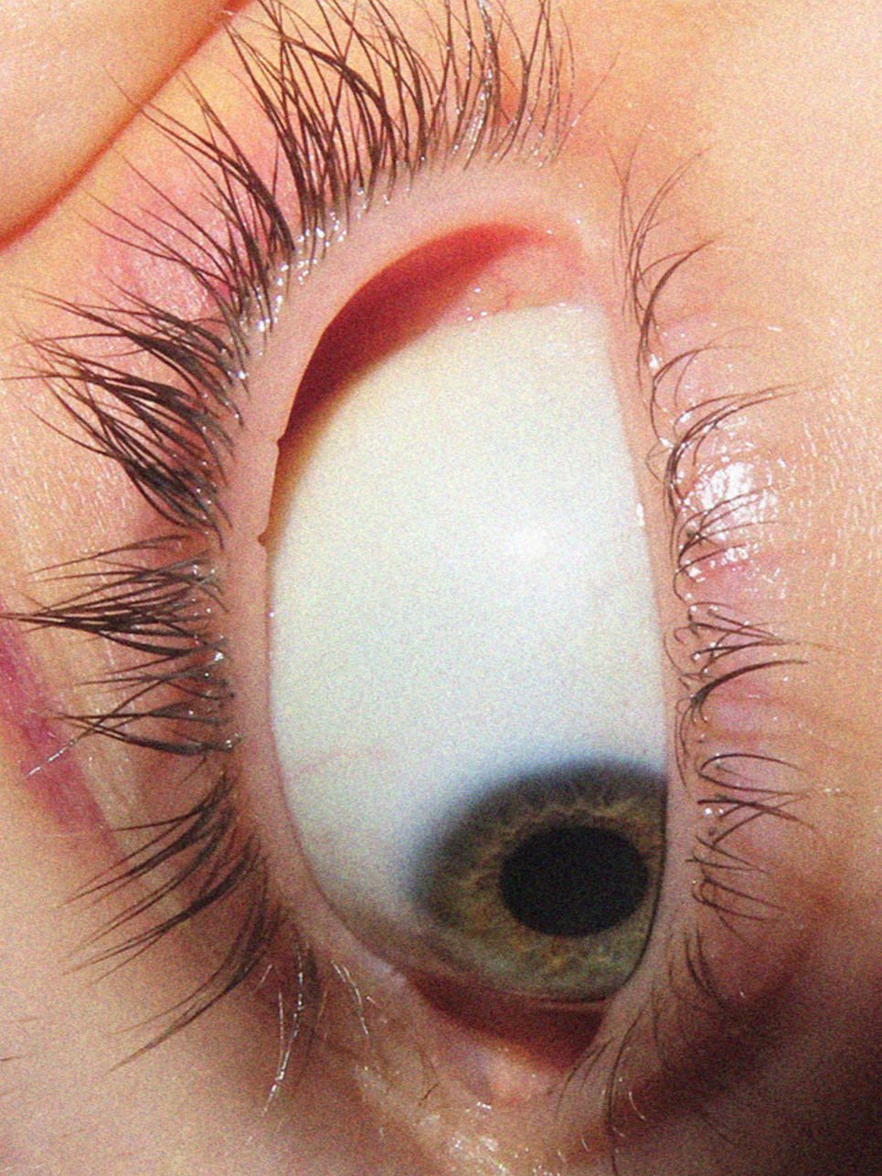 Close-up of a human eye with light brown iris, surrounded by eyelashes and skin.