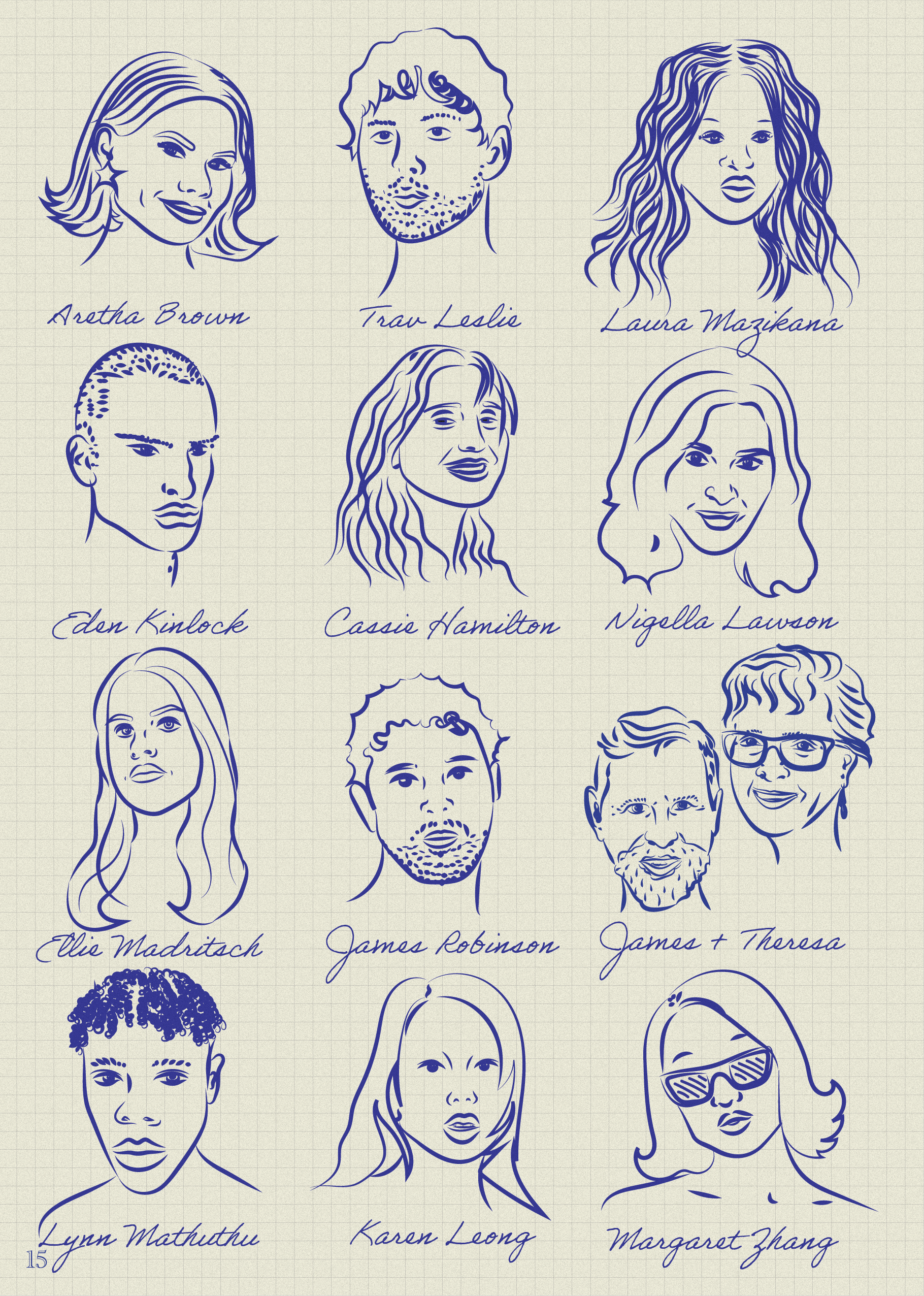 Line drawings of nine diverse women and one man, each with handwritten signatures of their names underneath. The women include Aretha Brown, Laura Mazikana, Ellie Maditisch, Niggella Lawson, Karen Leong, Margaret Zhang. The man has the signatures of 