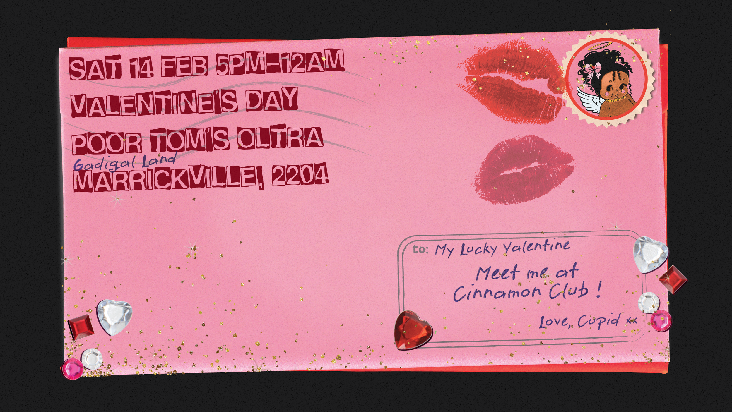 Pink Valentine's Day card decorated with gold glitter, red and clear gem stickers, and two lipstick kiss marks. The card contains handwritten text and a sticker of a cute cherub with curly hair, pink bows, and angel wings.