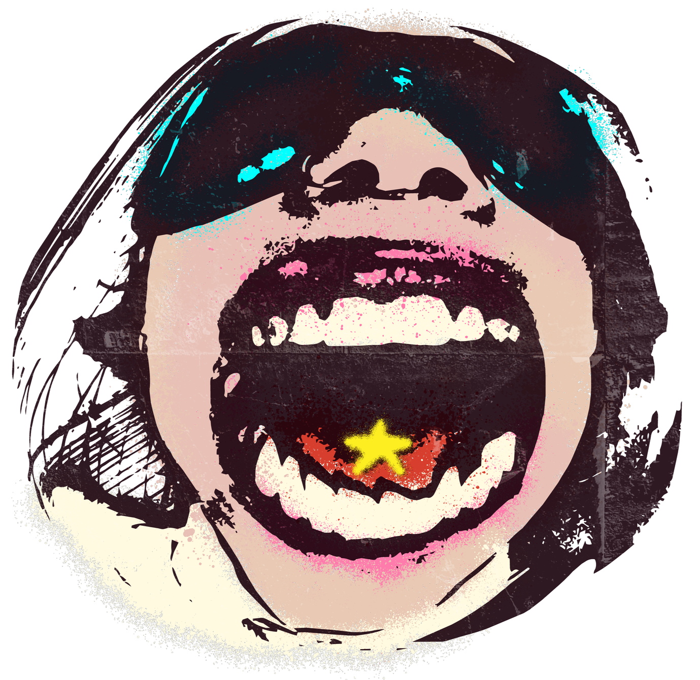 A stylized digital image of a person with their mouth wide open; a skull is visible inside the mouth. The person has dark hair, and a small red star with a yellow center is in the mouth. The background is mostly black.