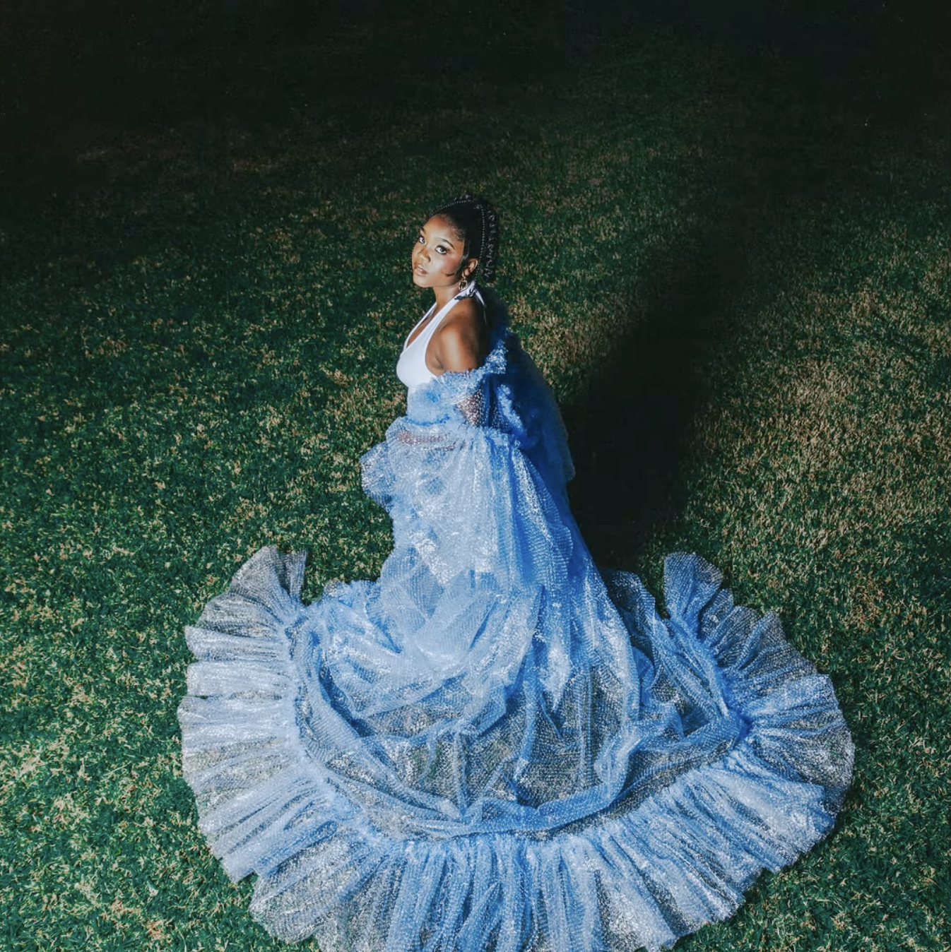 A woman wearing a white top and a shiny, ruffled, blue skirt sits on the grass at night, illuminated by a light source, with her head turned and looking at the camera.
