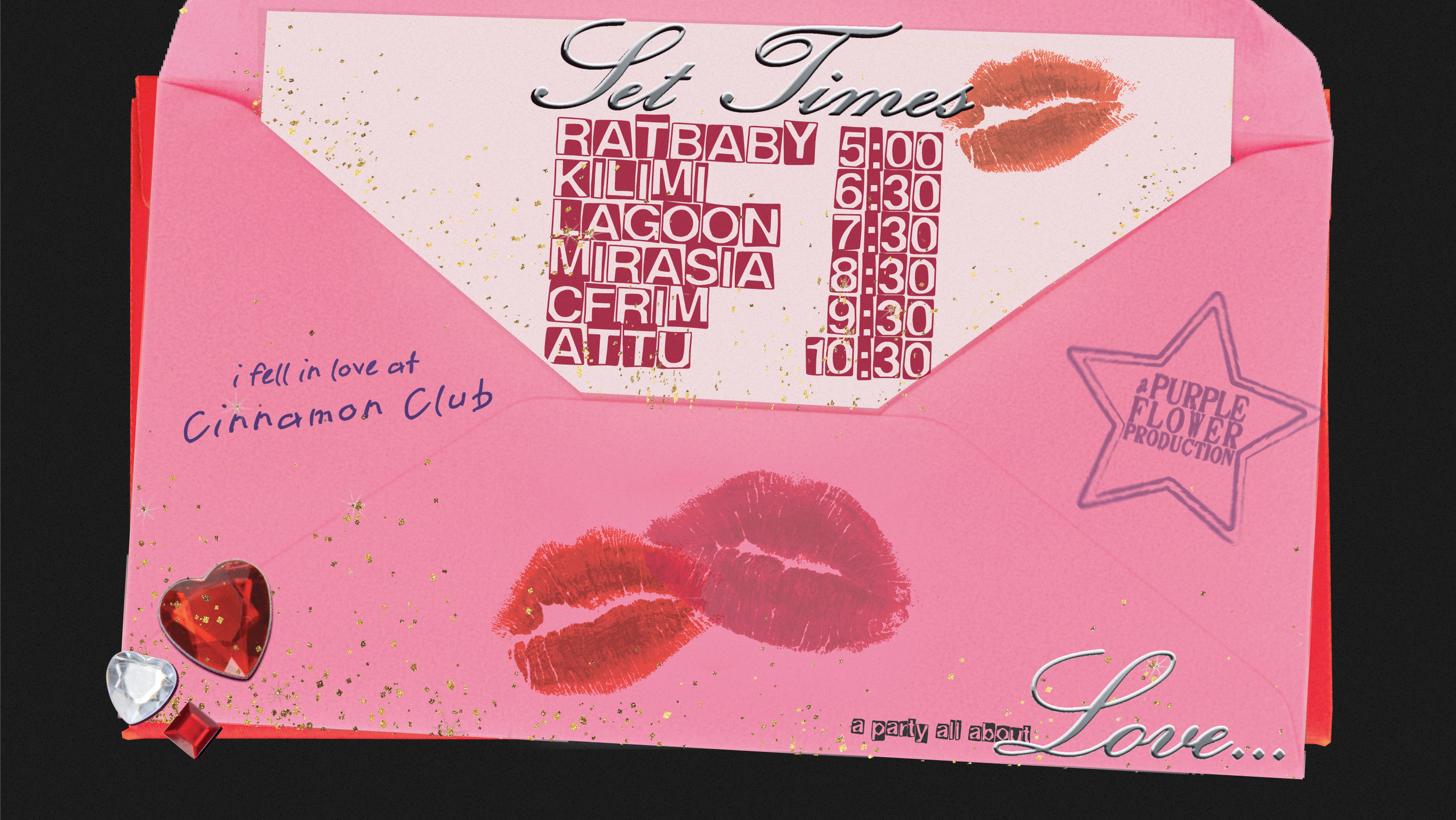 Pink invitation with a list of movie times, pink lips, lipstick kiss marks, a star with the text 'A Purple Flower Production', handwritten note 'i fell in love at cinnamon club', and small heart-shaped and diamond-shaped jewels.