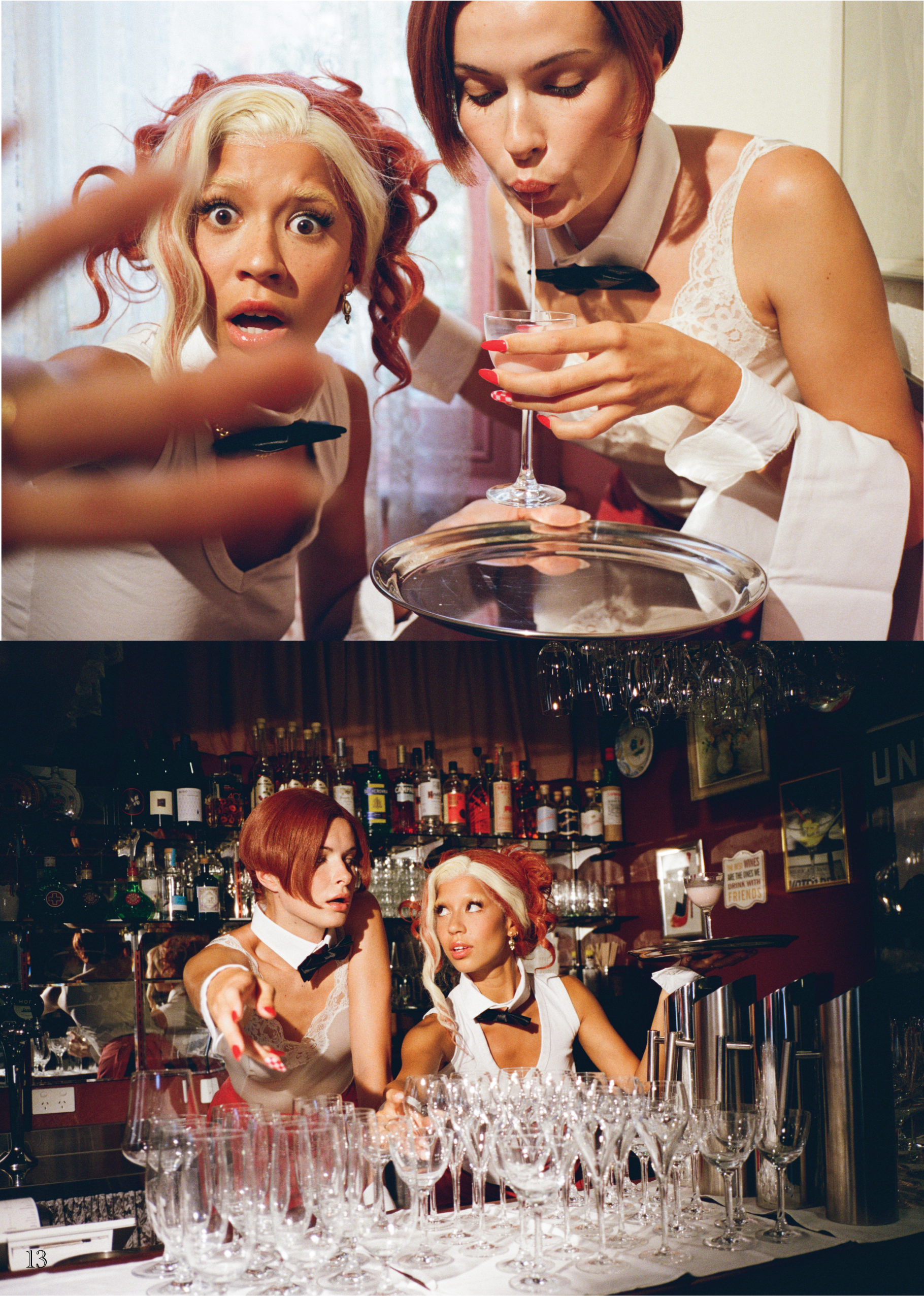 Three women dressed as waitresses in a bar, serving drinks with a background of liquor bottles and bar equipment, with glasses on the counter in the foreground.