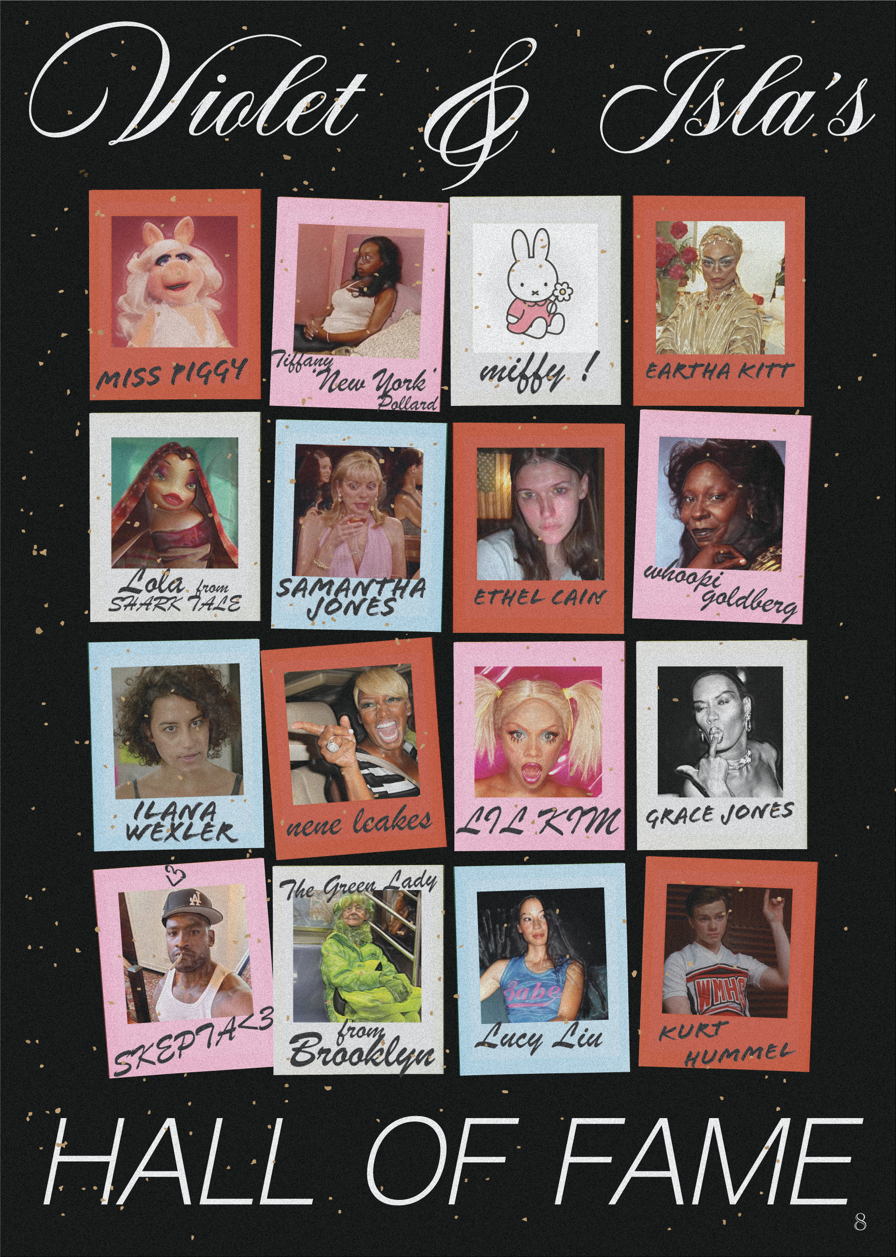 A collage of Polaroid-style photos of celebrity heads, each with handwritten labels and names, titled 'Violet & Isa's Hall of Fame' with gold confetti and black background.