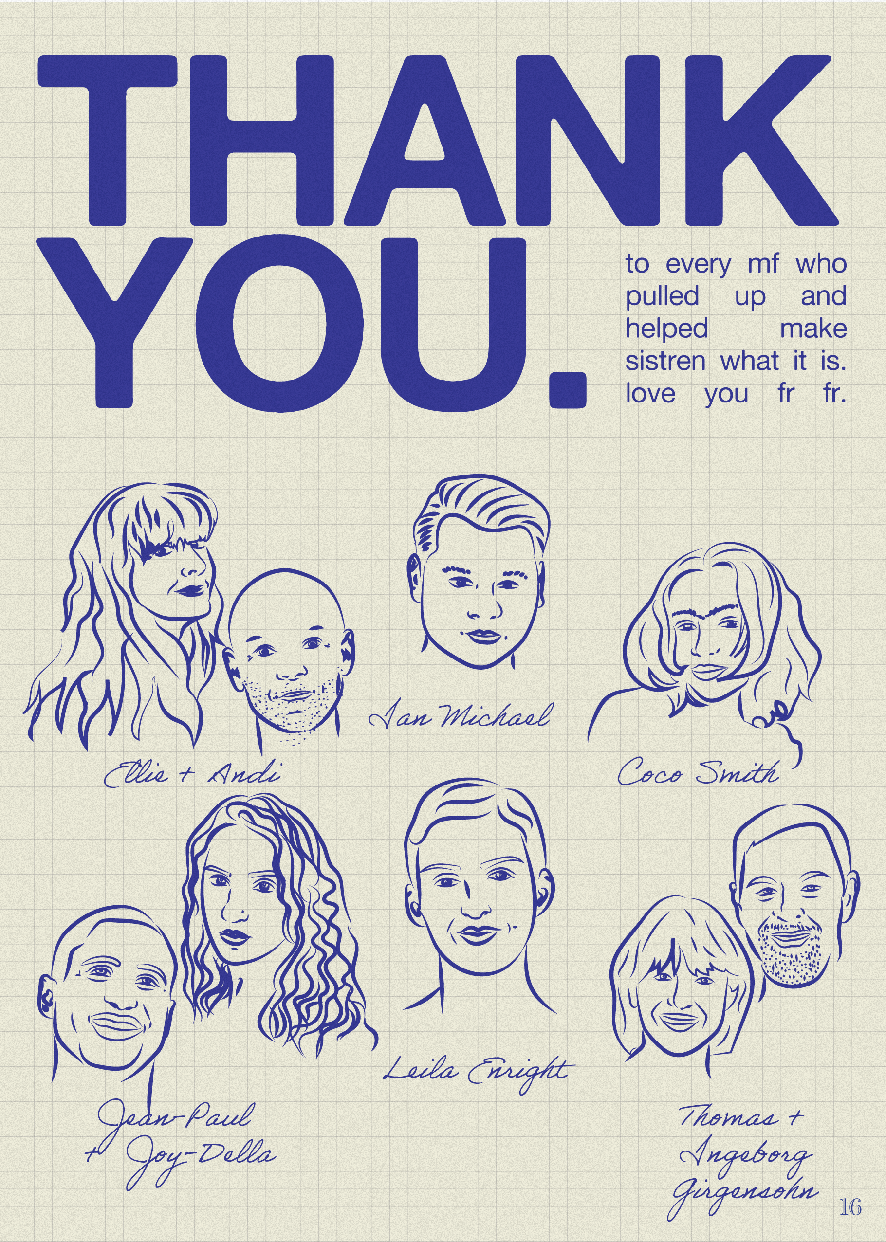 Hand-drawn portraits of people with handwritten names underneath, arranged in a grid pattern on a graph paper background, with a large thank you message at the top.