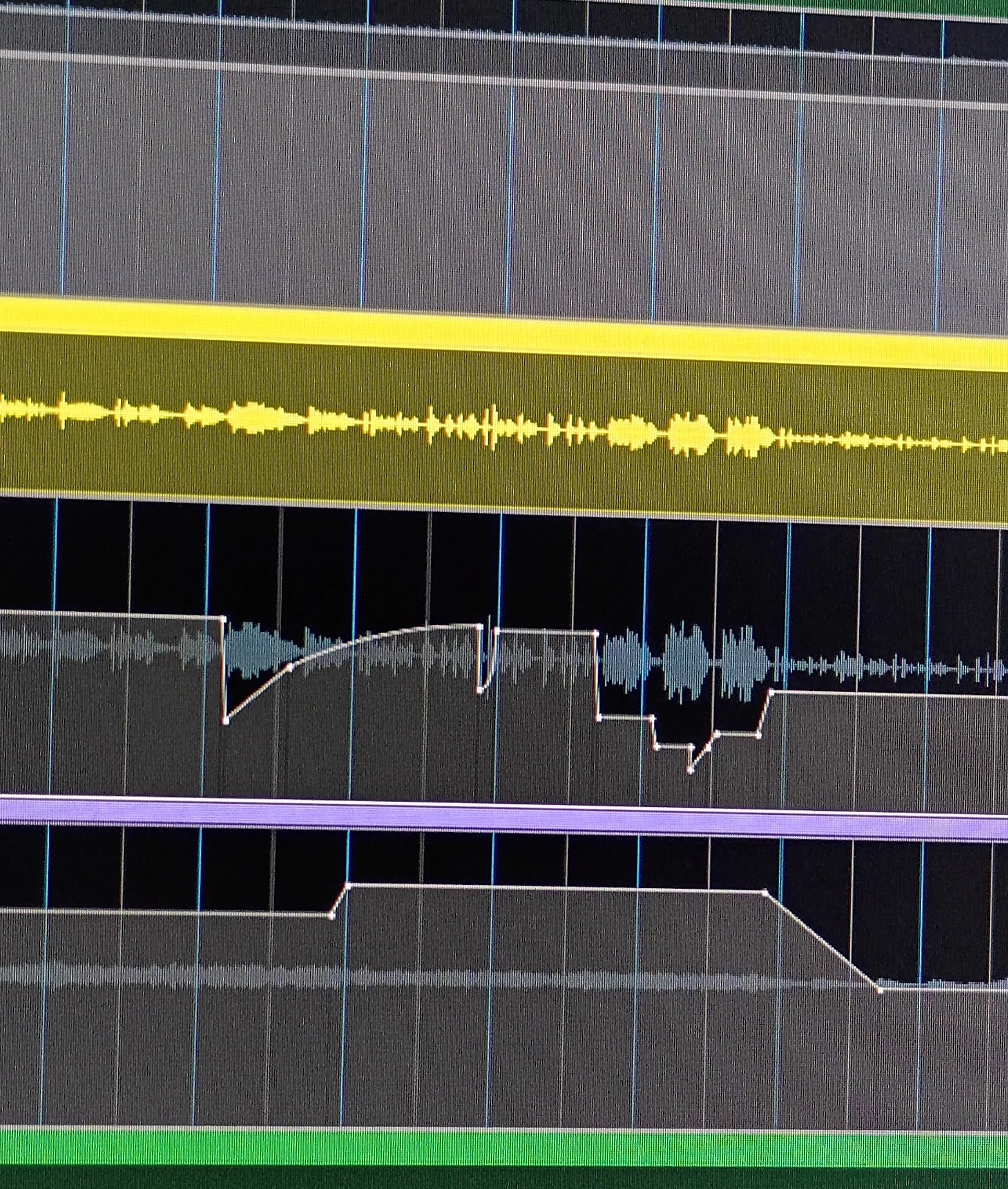 Audio waveforms and volume automation lines inside a professional music production software window.