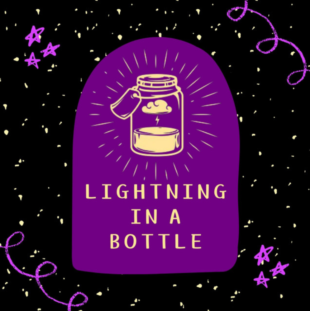 Purple and black graphic art featuring a jar trapping a lightning storm with the text Lightning in a Bottle.