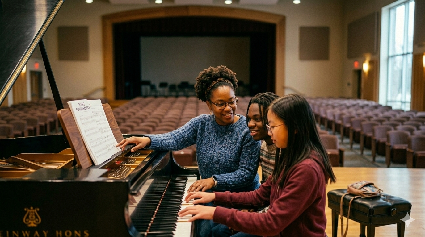 Three women gathered around a grand piano in a large, empty auditorium with rows of empty chairs, large windows, and a stage in the background, engaged in a music lesson or practice session.
