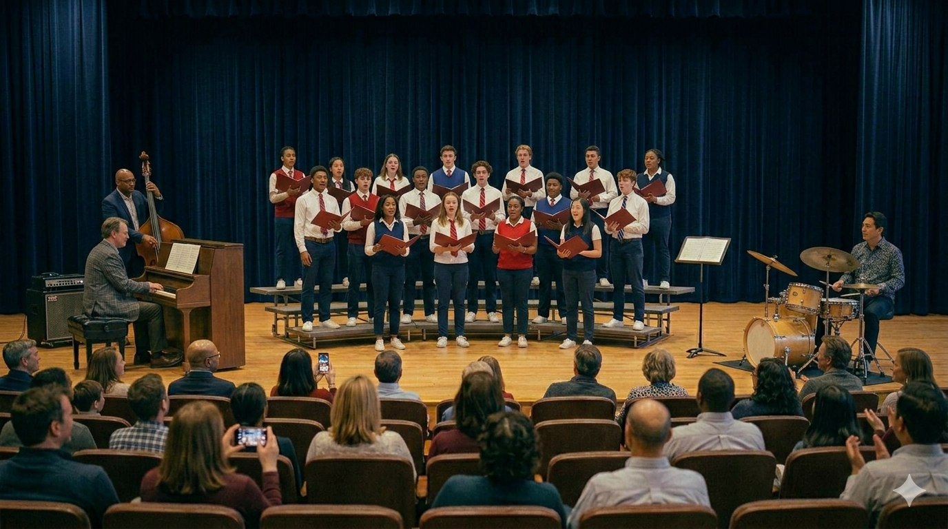 A school choir performing on stage with a pianist, a drummer, and an audience watching.