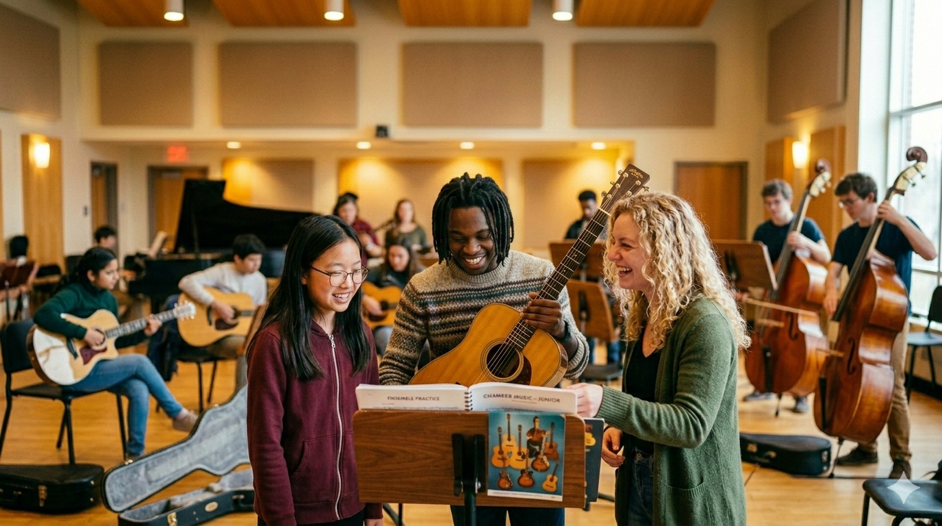 Music students in a classroom with guitar and string instruments.