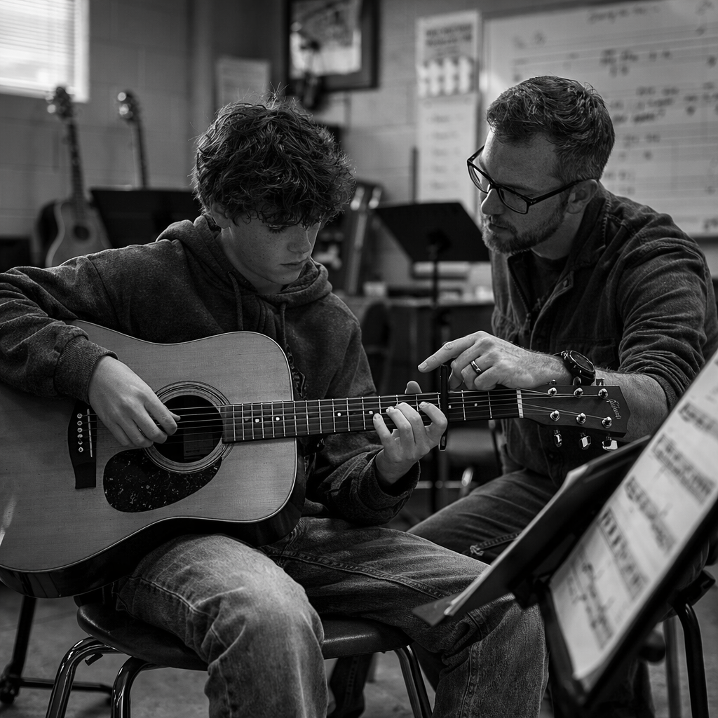 A young man learning to play guitar being guided by an instructor in a music classroom.